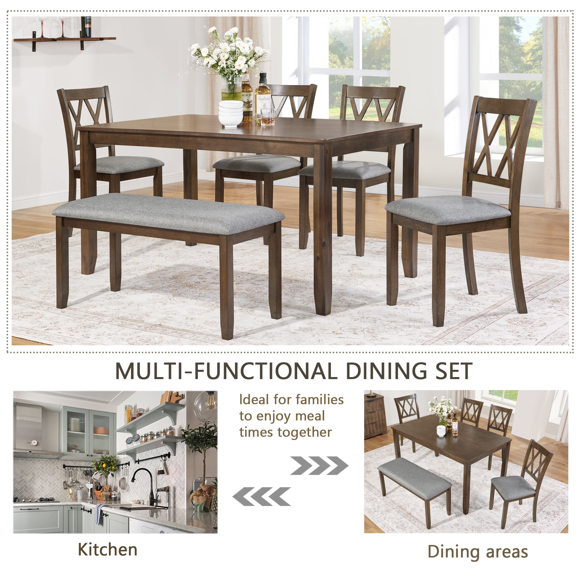 Elegant 6-Piece Wooden Dining Table Set (Table + 4 Chairs + Bench, Walnut)