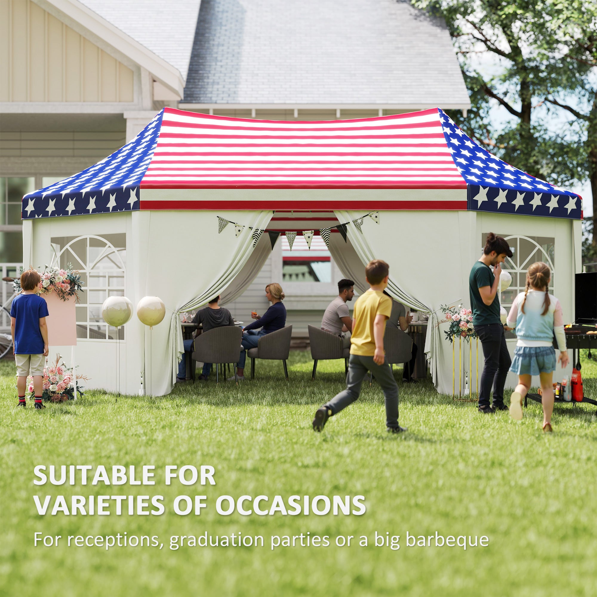 Outsunny 22.3 x 16.4 ft Heavy Duty Party Tent, Outdoot Canopy Tent with 2 Doors and 6 Windows, American Flag