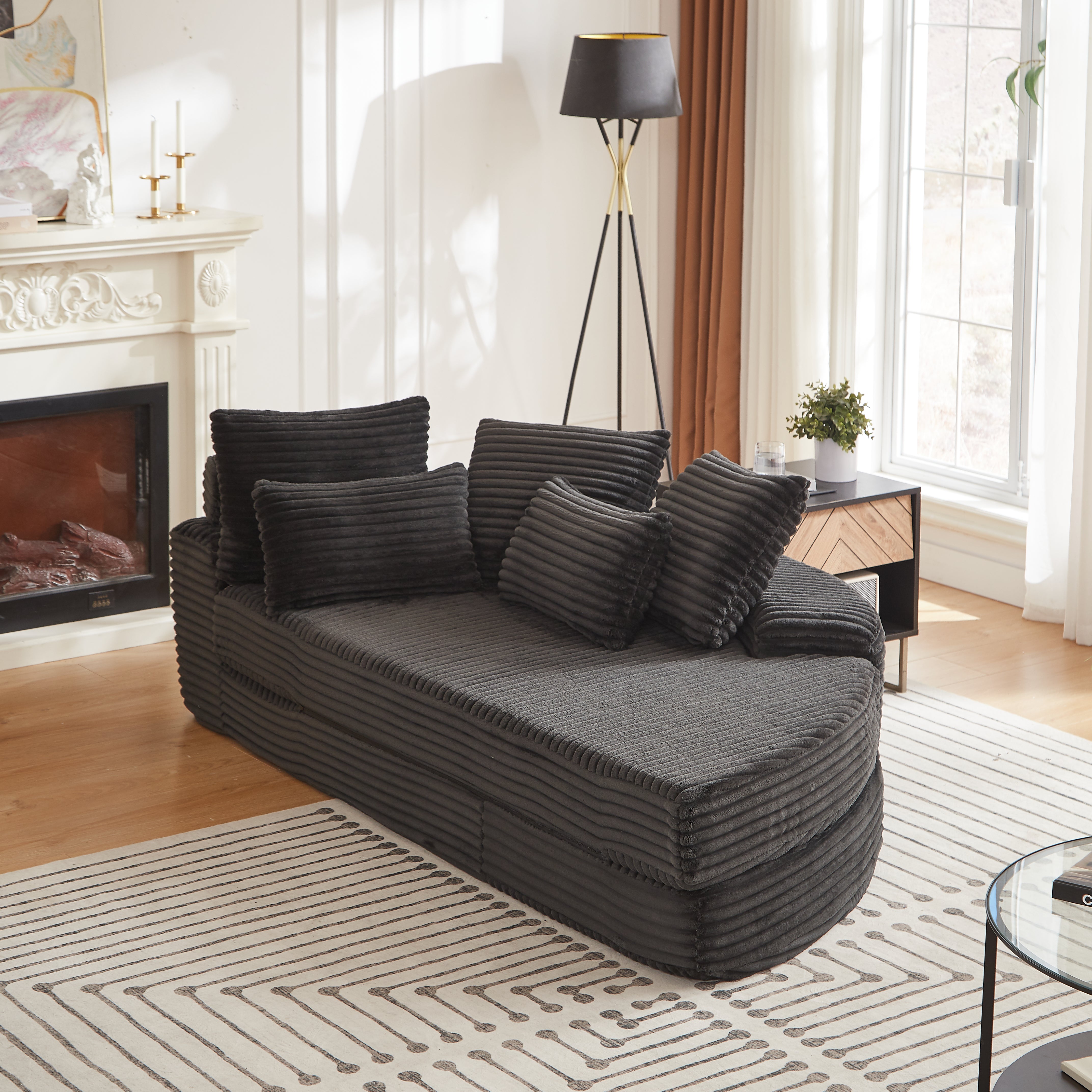78.5-Inch Corduroy Semi-Circular 2-in-1 Sofa Bed, Designer Recliner with Neck Pillow and Five Throw Pillows in Living Room