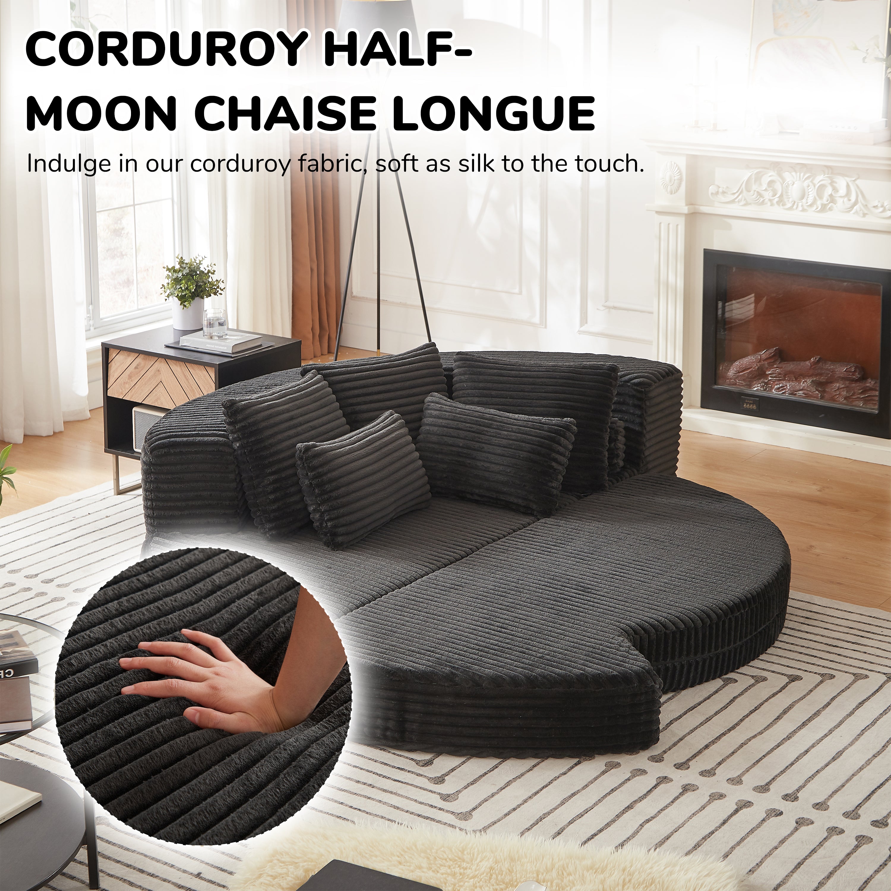 78.5-Inch Corduroy Semi-Circular 2-in-1 Sofa Bed, Designer Recliner with Neck Pillow and Five Throw Pillows in Living Room