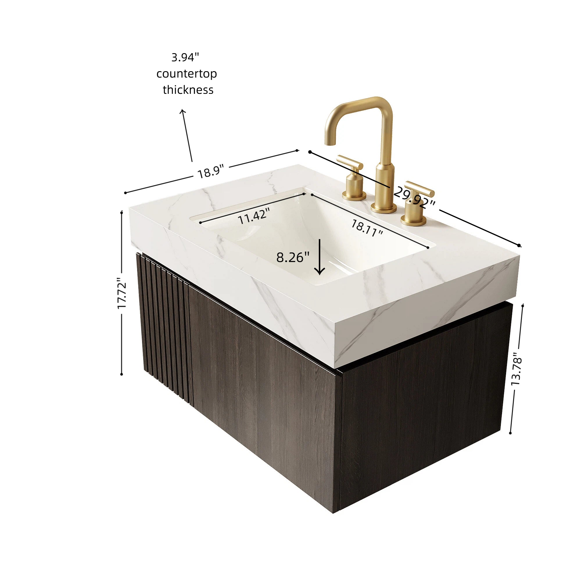 MURI 30" Bathroom Vanity&Sink, Floating Plywood Storage Cabinet with Drawer&Door, Carrara White Sintered Stone Top&Ceramic Basin with 3 Pre-drilled Faucet Holes, Pre-assembled, Espresso Woodgrain