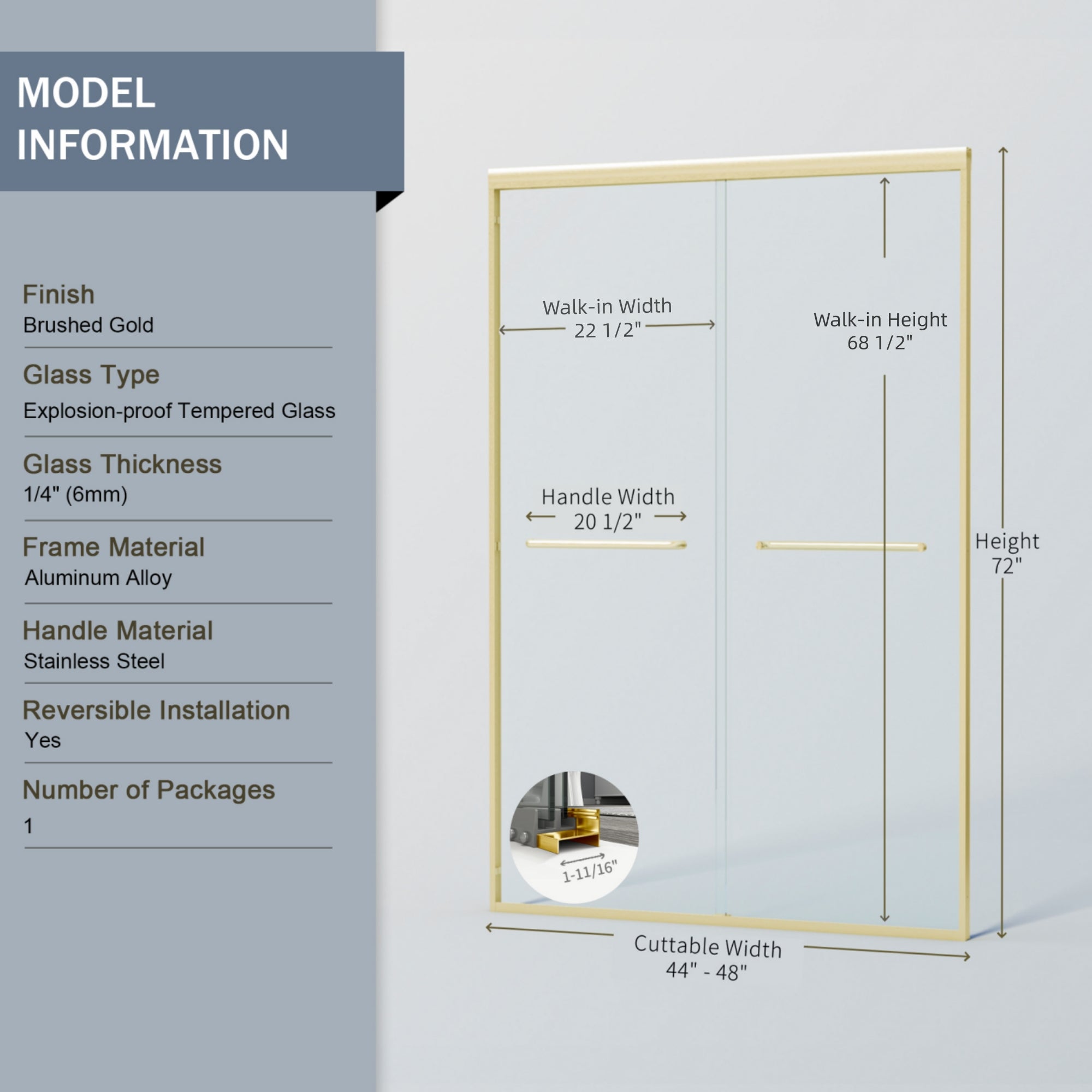 44" - 48" W x 72" H Double Sliding Shower Door, Semi-frameless Bathroom Sliding Door with 1/4" (6mm) Tempered Glass for Walk-in Shower, Brushed Gold GF-24D03-48BGX