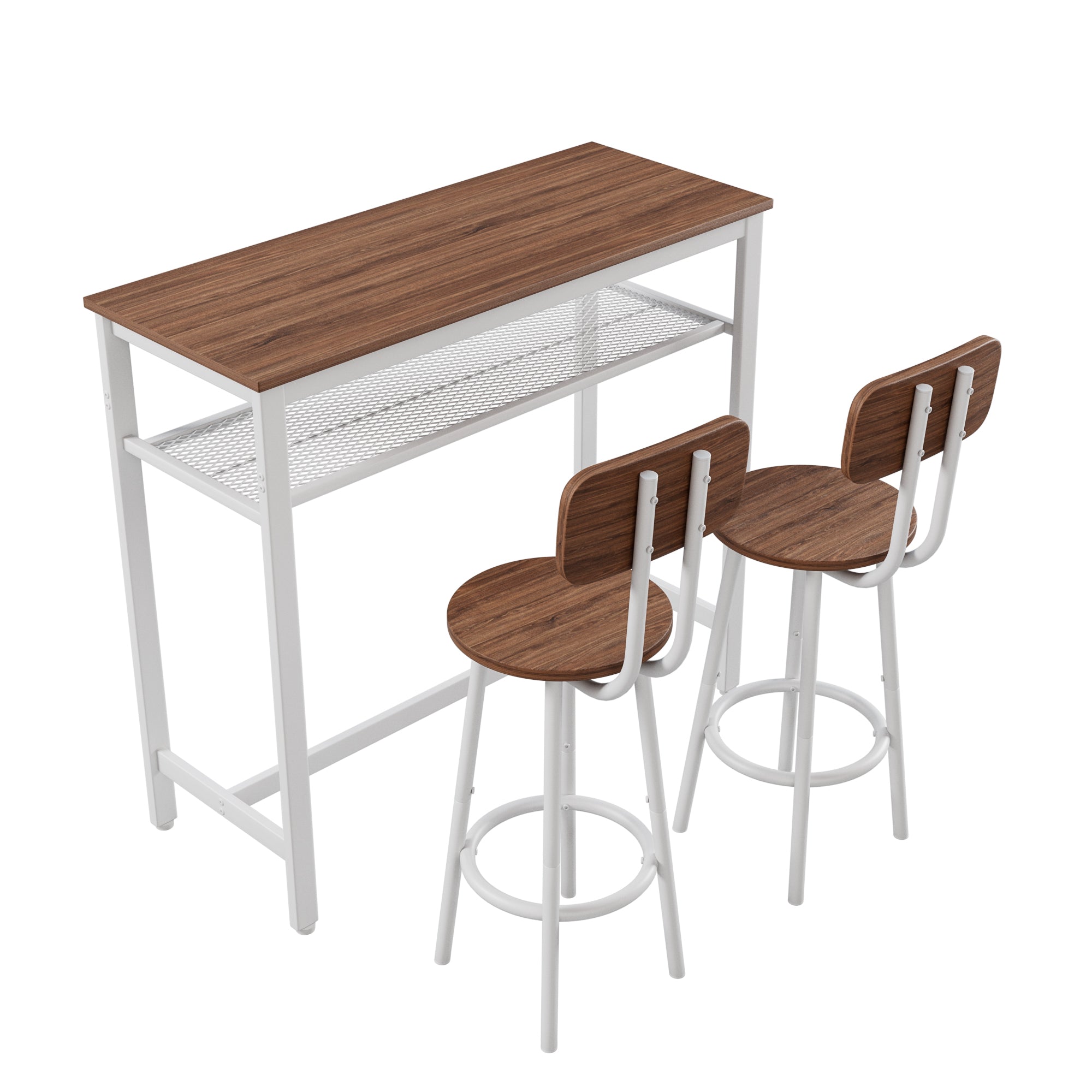 3 Piece Bar Table Set, Bar Table and Chairs Set of 2 with Metal Frame and Storage Rack , Modern Counter Height Table with 2 Stools for Kitchen, Dining Room, Living Room Breakfast Table Wood Top