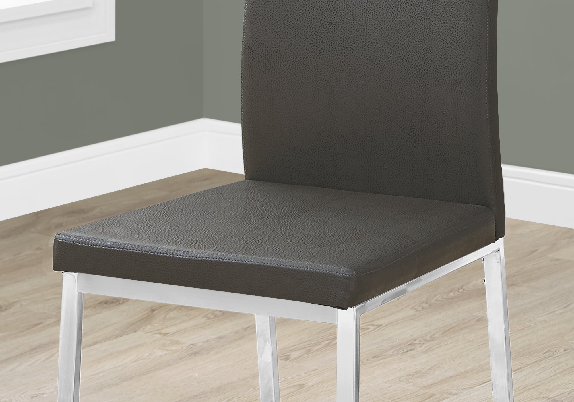 Dining Chair, Set Of 2, Side, Upholstered, Kitchen, Dining Room, Grey Leather Look, Chrome Metal, Contemporary, Modern