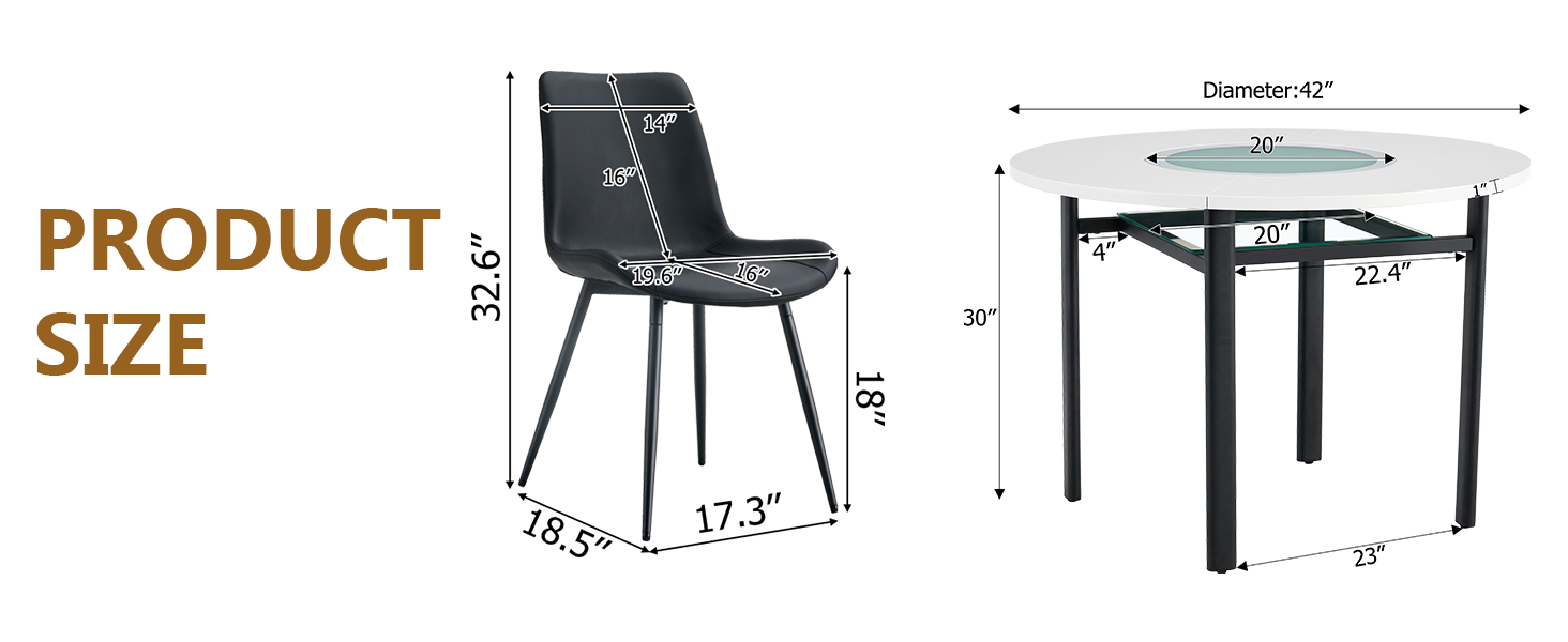 Table and chair set.42 inch modern minimalist white desktop round dining table set.Paired with 6 Black Artificial PU Chairs With Curved Widened Cushion Design. Suitable for dining rooms,office,etc.