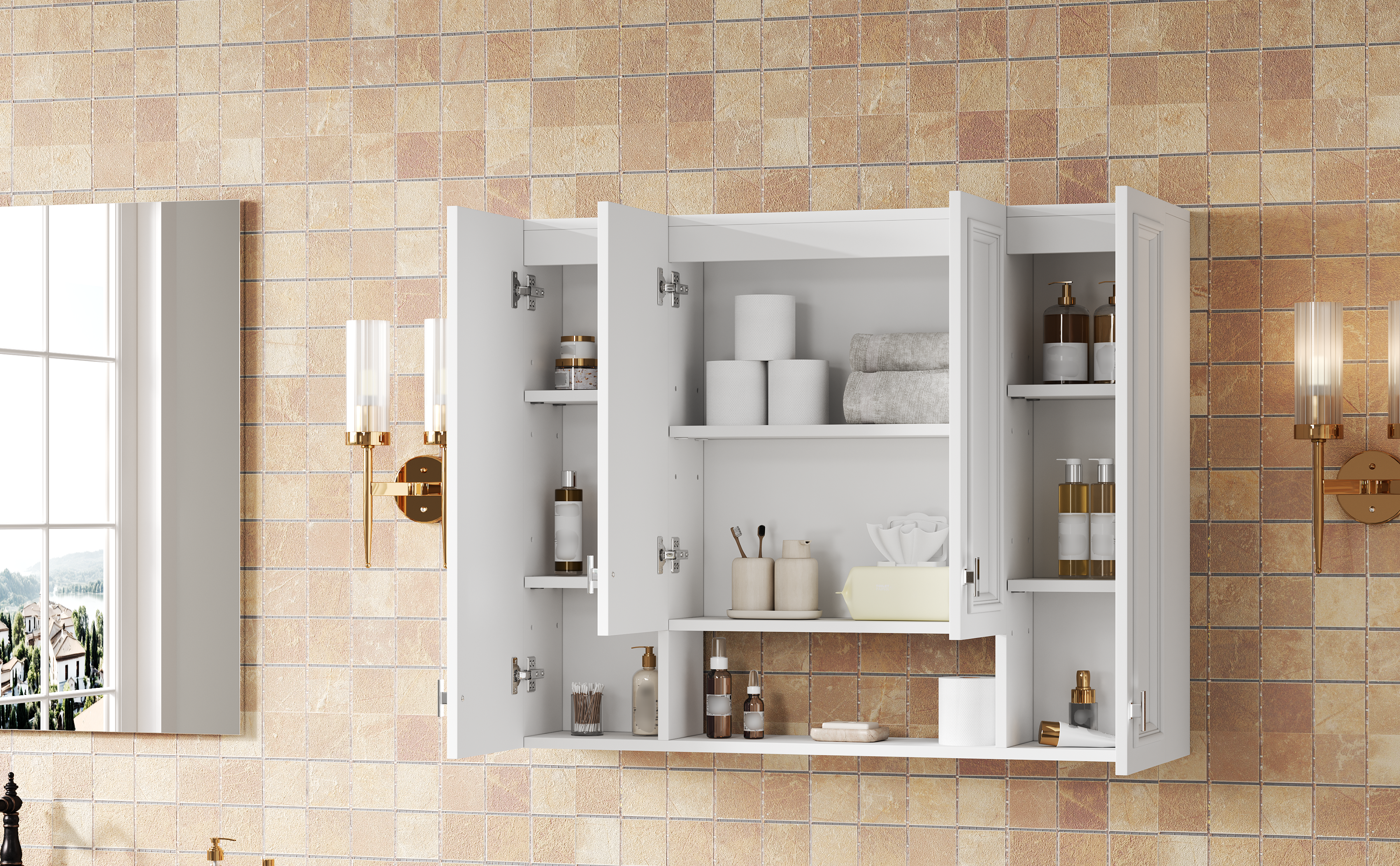 Modern Bathroom Cabinet with 5 Adjustable Shelves, Wall-Mounted Medicine Cabinet for Bathroom, Soft-Closing Hinges, Open Shelving Design