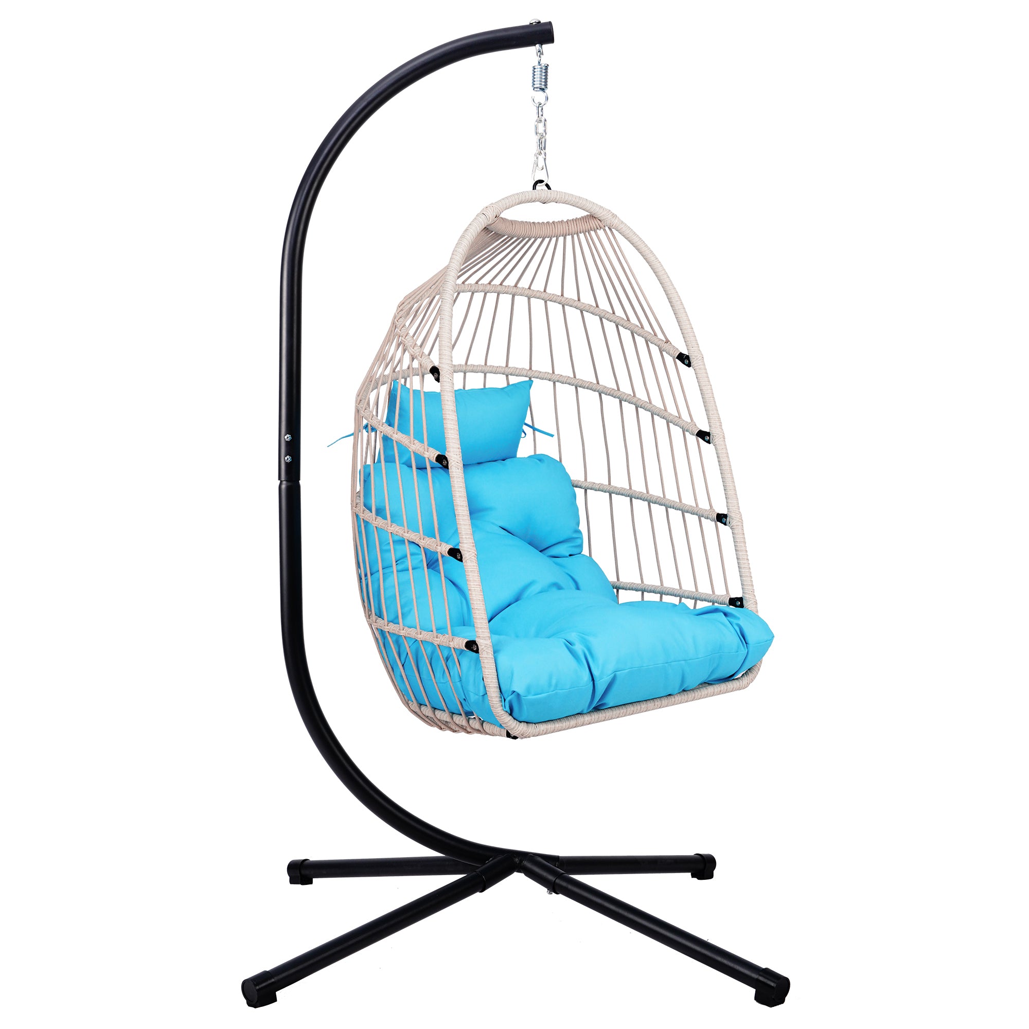 Foldable Hanging Egg Chair with Stand and Pillow, HDPE Rattan and Heavy Duty Aluminum-Steel Frame, Outdoor Patio Wicker Swing Egg Chair with Headrest and Cushioned, 350 Lbs Capacity (Blue)