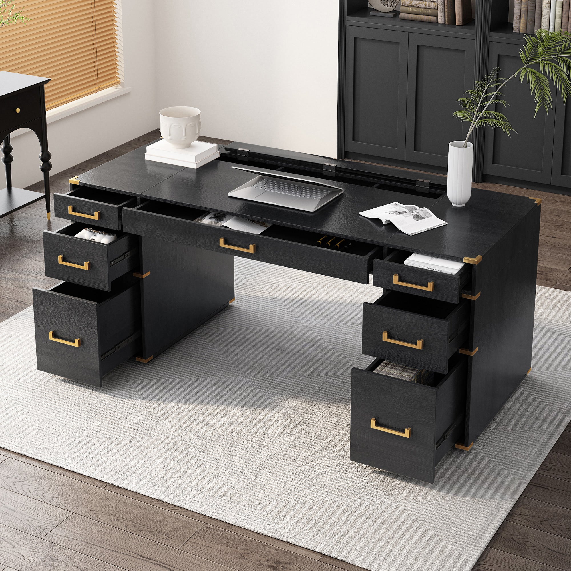 70" Extra-Large Classic and Traditional Executive Desk with Metal Edge Trim ,Writing Desk with 2 file drawers,USB Ports and Outlets,Desk with Hidden Compartment for Living Room,Home Office,Study Room,