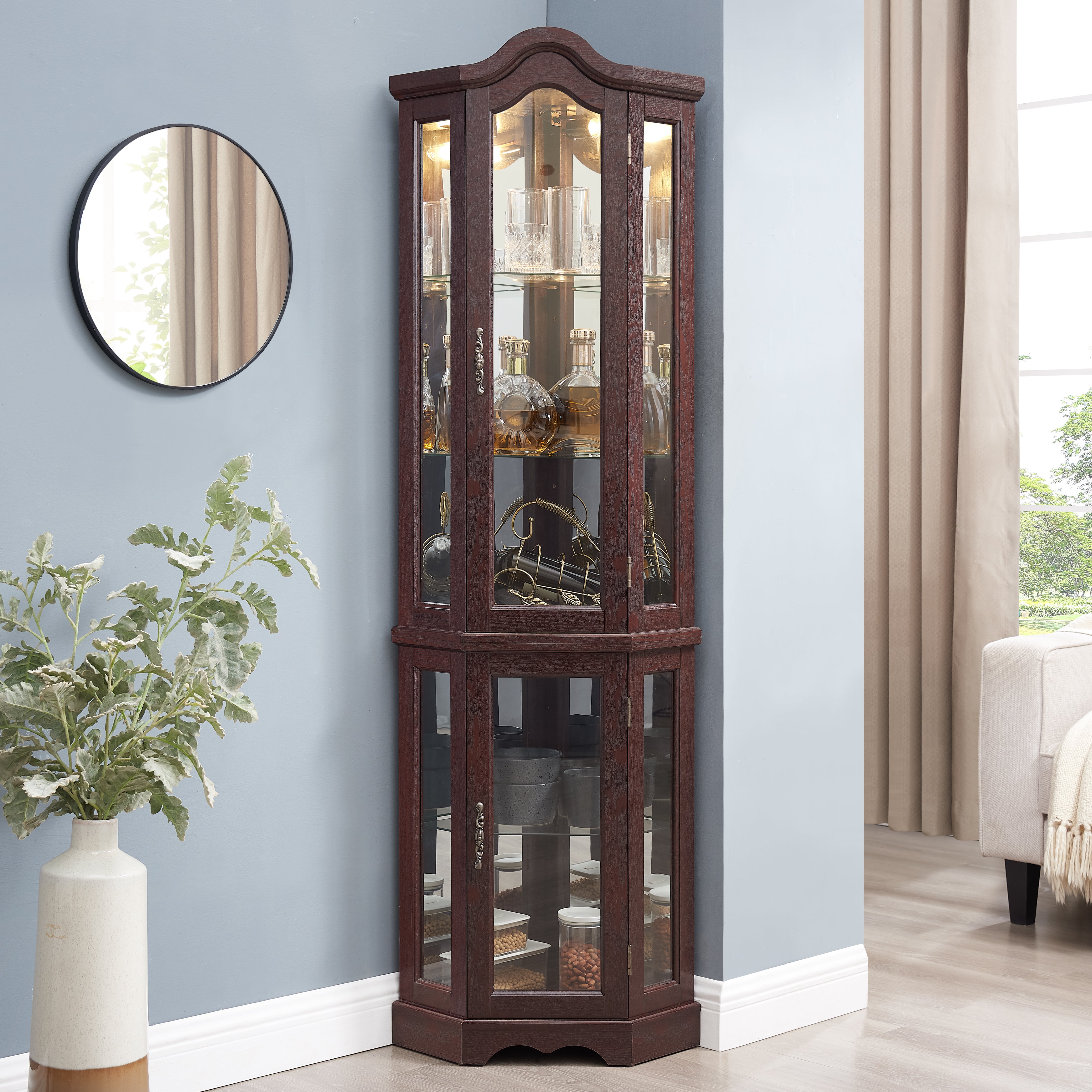 Lighted Corner Curio Cabinet with Tempered Glass Doors & Shelves - Elegant Oak Display Storage for Living Room & Bedroom Decor-DARK CHERRY