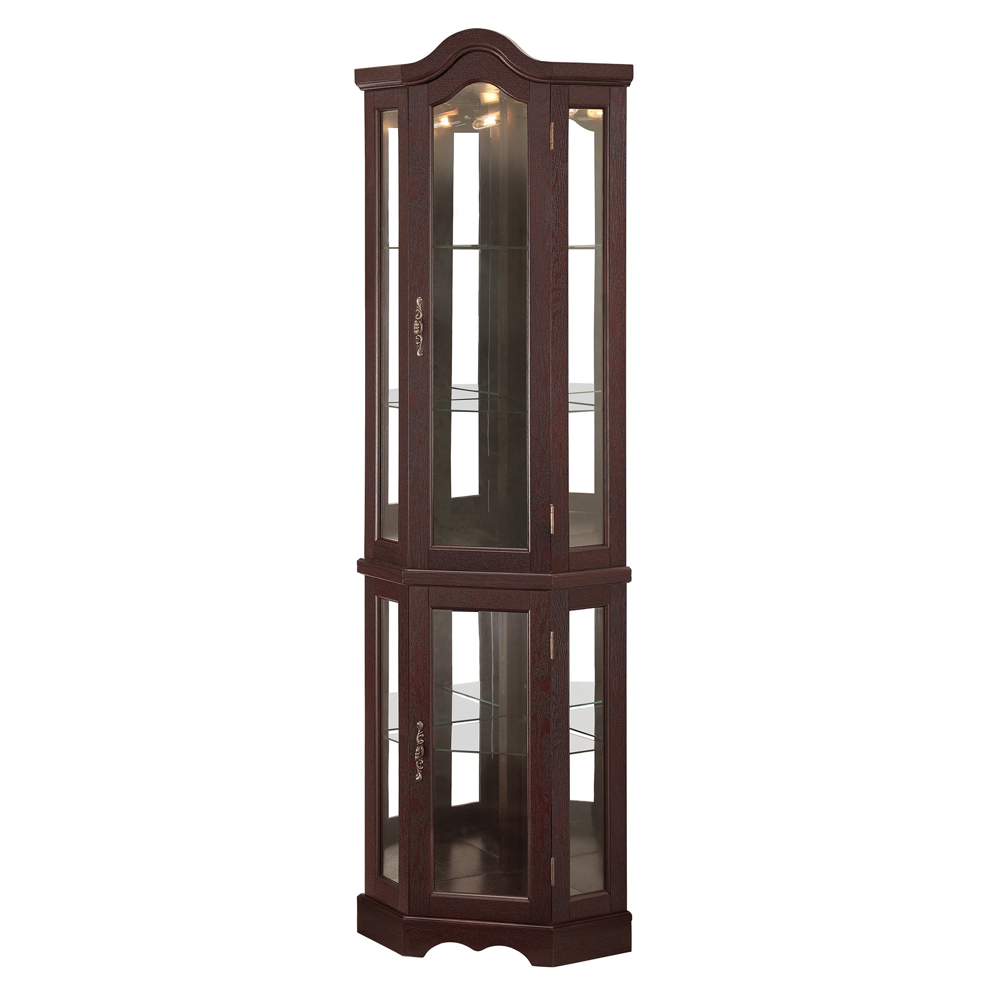 Lighted Corner Curio Cabinet with Tempered Glass Doors & Shelves - Elegant Oak Display Storage for Living Room & Bedroom Decor-DARK CHERRY