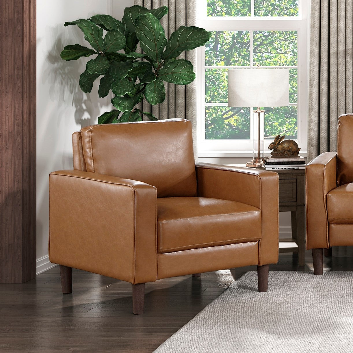 Modern Style Brown Faux Leather Upholstered Chair Comfortable Cushion Back Seat Solid Wood Living Room Furniture 1pc