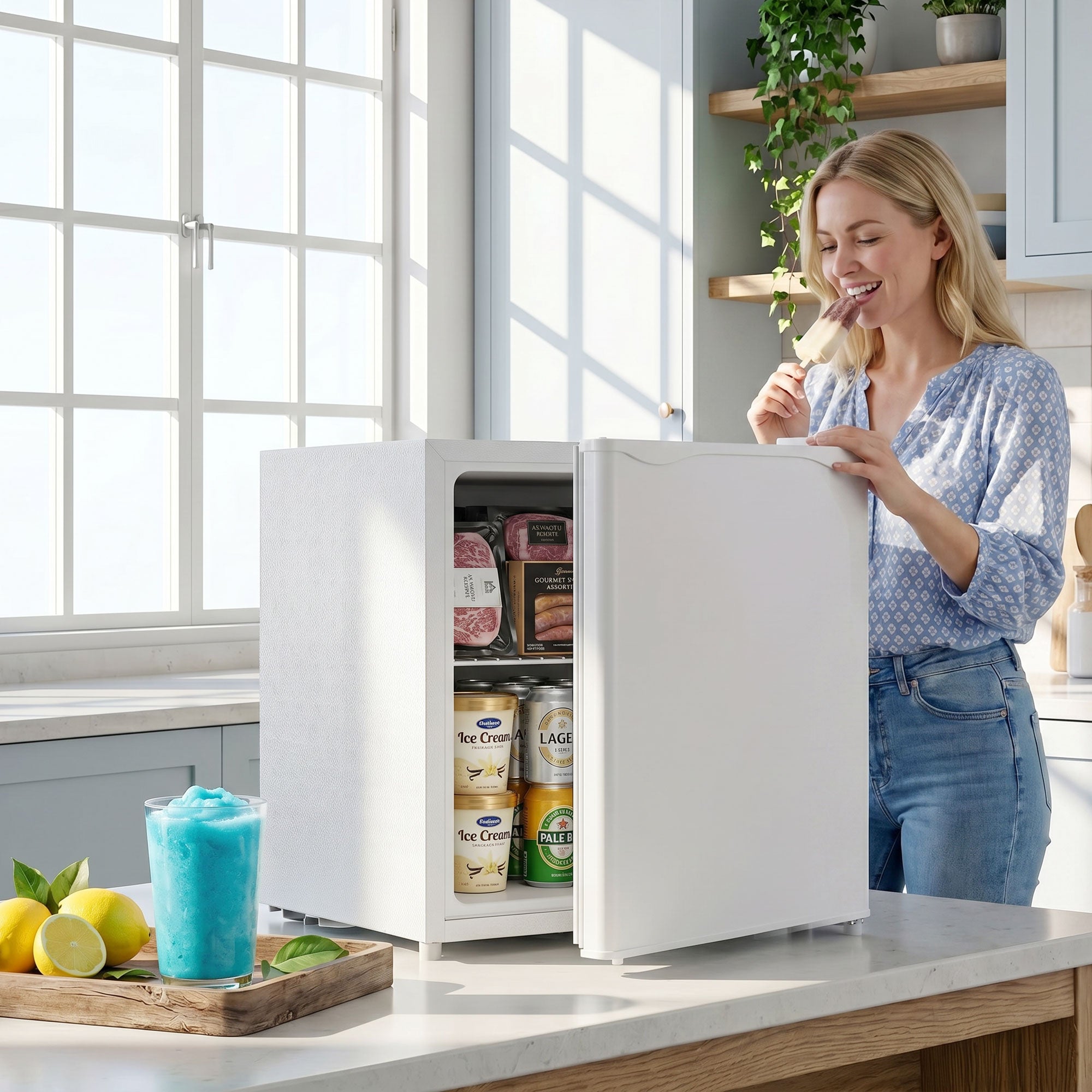 HOMCOM 1.1 Cu.Ft Countertop Mini Freezer, Compact Upright Freezer with Removable Shelves, White