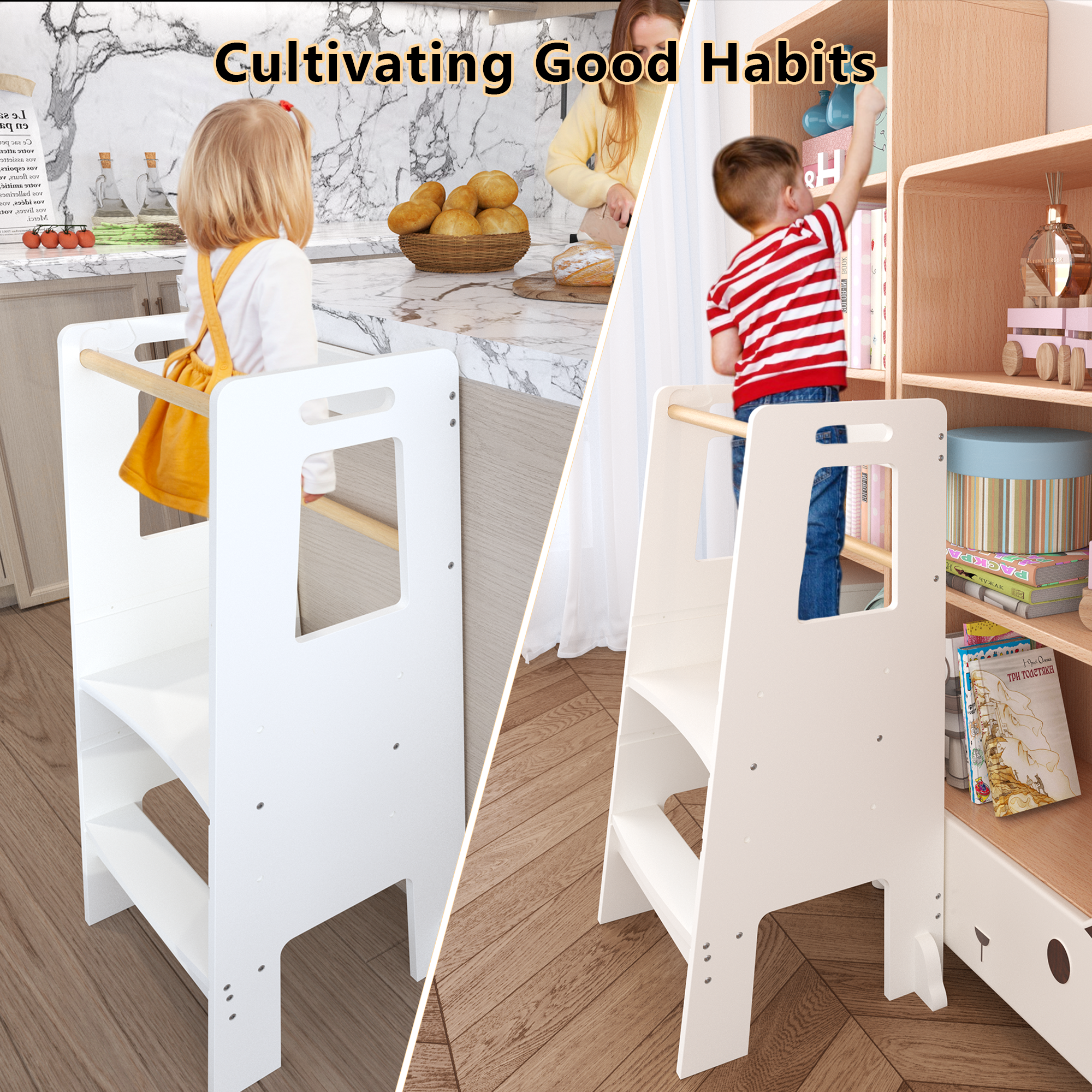Kids Standing Tower, Child Kitchen Step Stool Toddler Wood Stepping Stool - Children's Montessori Stool - Adjustable Height, Ideal Kids Kitchen Step Stool for Learning New Skills, White