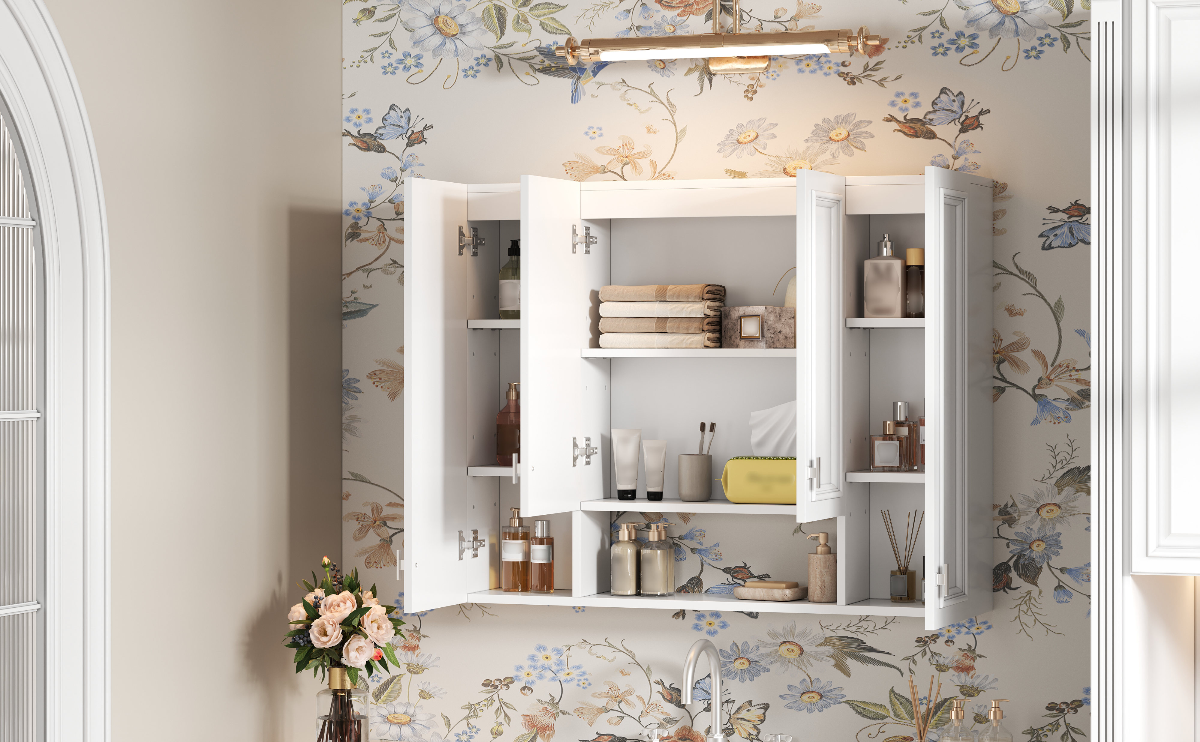 Modern Bathroom Cabinet with 5 Adjustable Shelves, Wall-Mounted Medicine Cabinet for Bathroom, Soft-Closing Hinges, Open Shelving Design