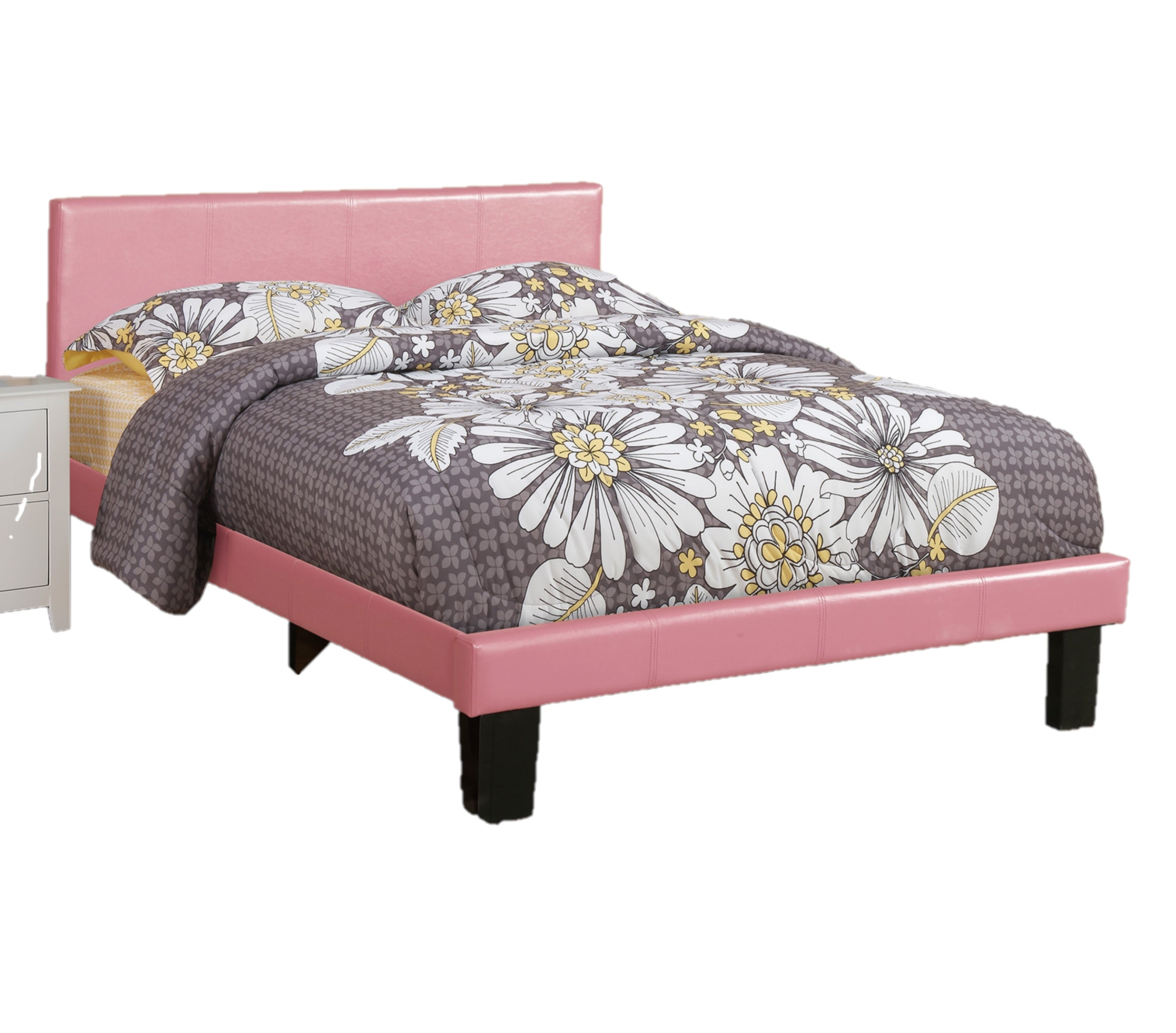Simple Modern Pink Faux Leather Upholstered Full Size Bed Bedroom Wooden Slats 1pc Platform Bedframe