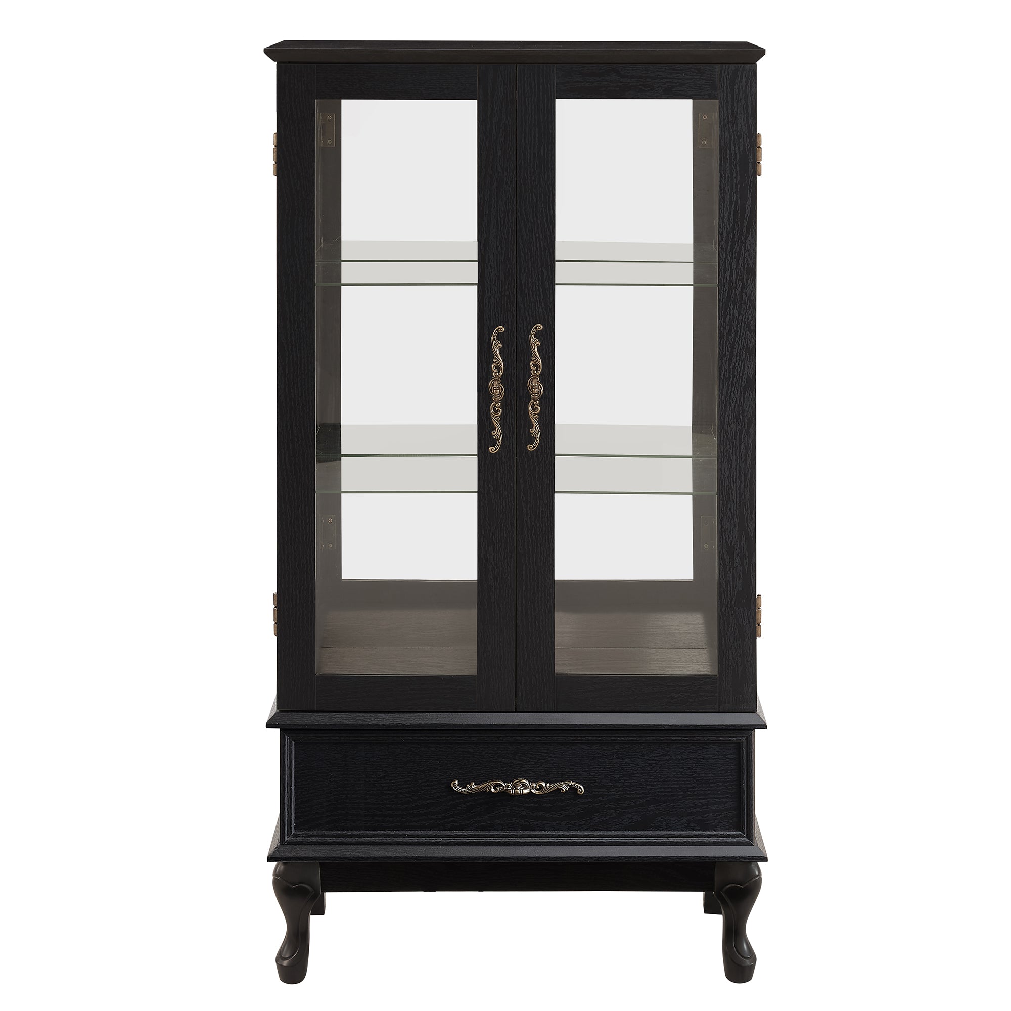 Lighted Curio Cabinet with Glass Doors and Adjustable Shelves 2 Door Wine Cabinet Display Curio Cabinet with LED Lights Light Black Finish and Drawer for Home Decor and Storage