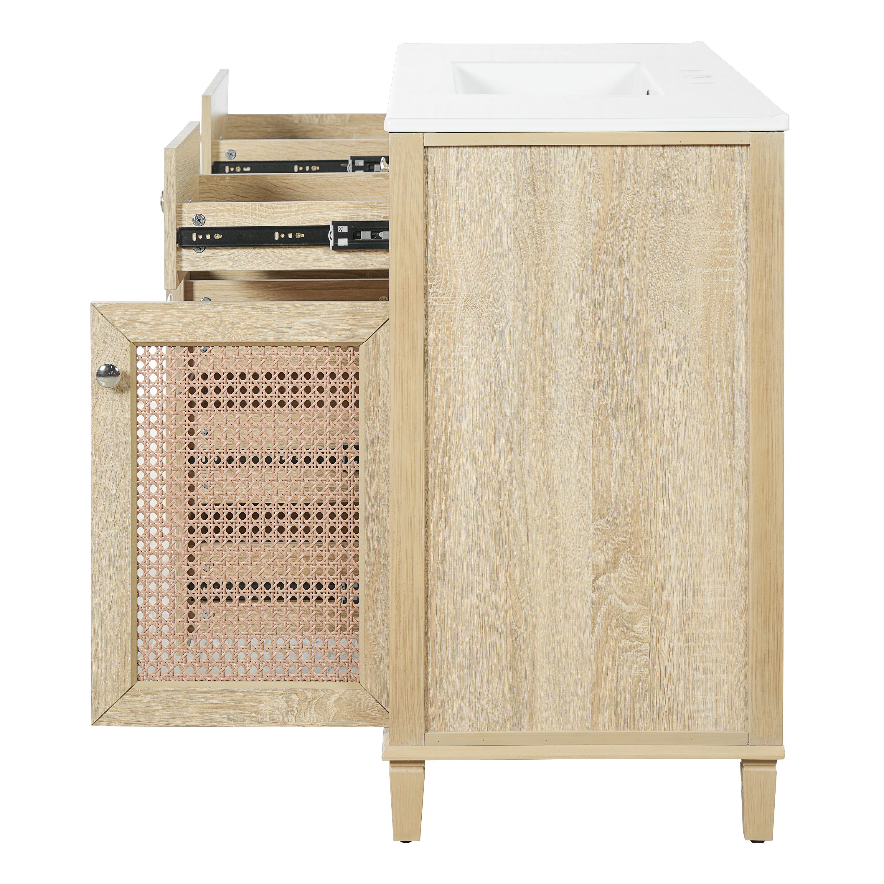 48-Inch Natural Rattan Bathroom Vanity: Solid Wood Frame, 5 Drawers, 2 Rattan Cabinet Doors & Premium Ceramic Sink