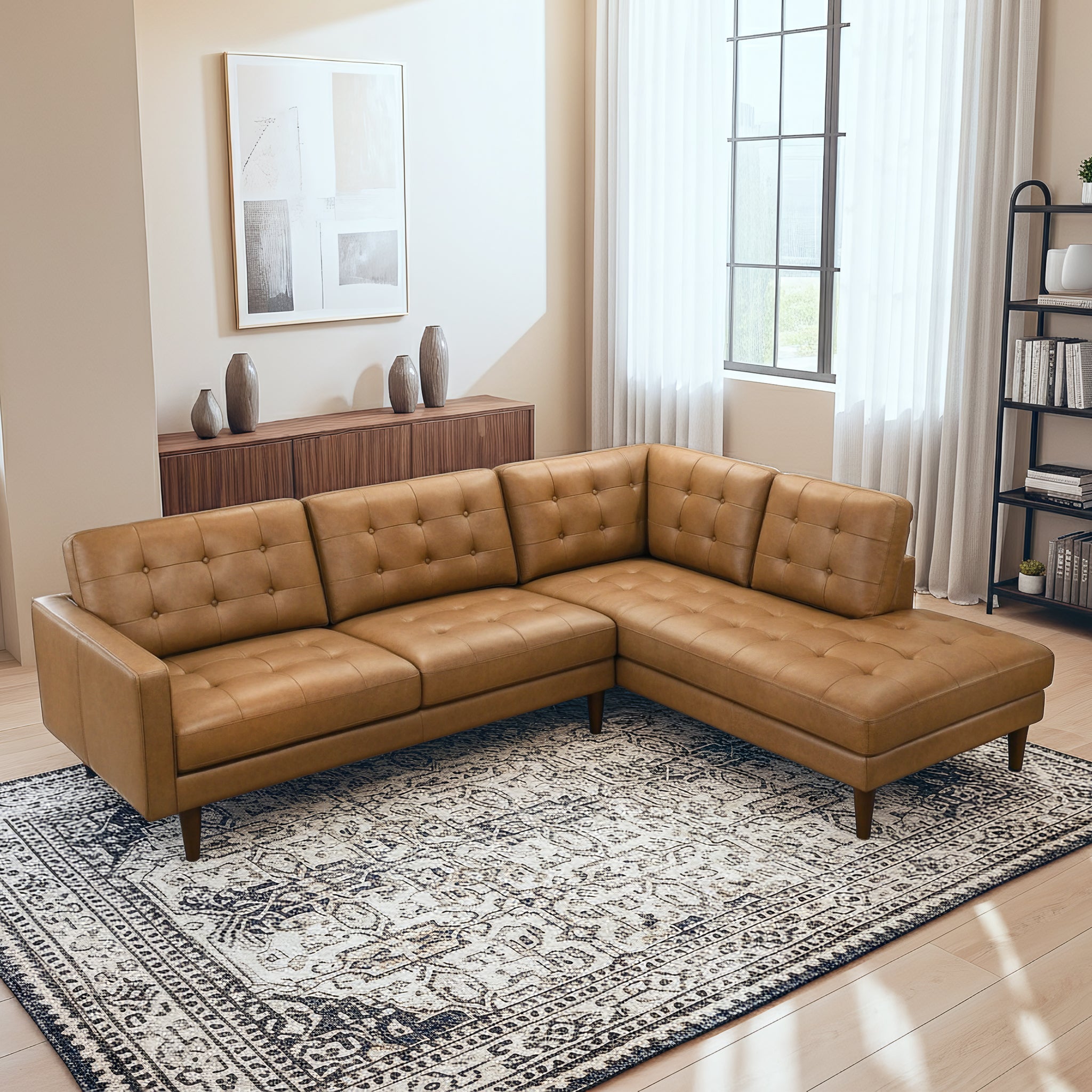 Lucco Genuine Tan Leather Right-Facing Sectional Sofa
