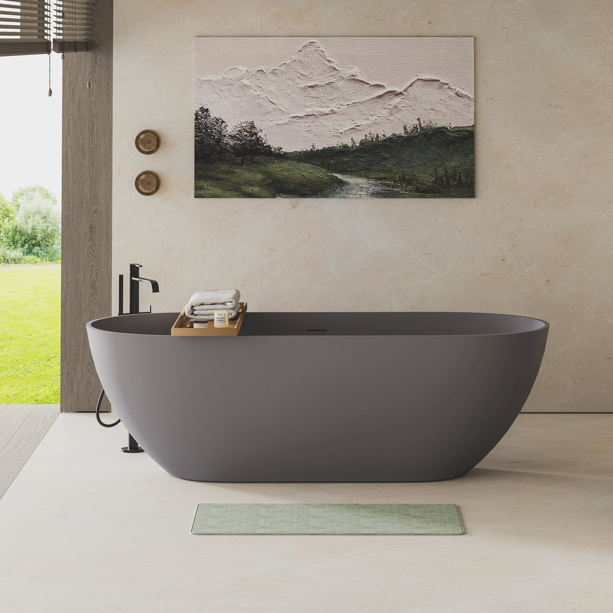 59" Luxury Engineered Solid Surface Bathtub, Stone Resin Freestanding Soaking Bathtub with Overflow and Pop-up Drain for Contemporary Bathroom, Matte Grey 24S03-59MG