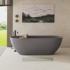 59" Luxury Engineered Solid Surface Bathtub, Stone Resin Freestanding Soaking Bathtub with Overflow and Pop-up Drain for Contemporary Bathroom, Matte Grey 24S03-59MG