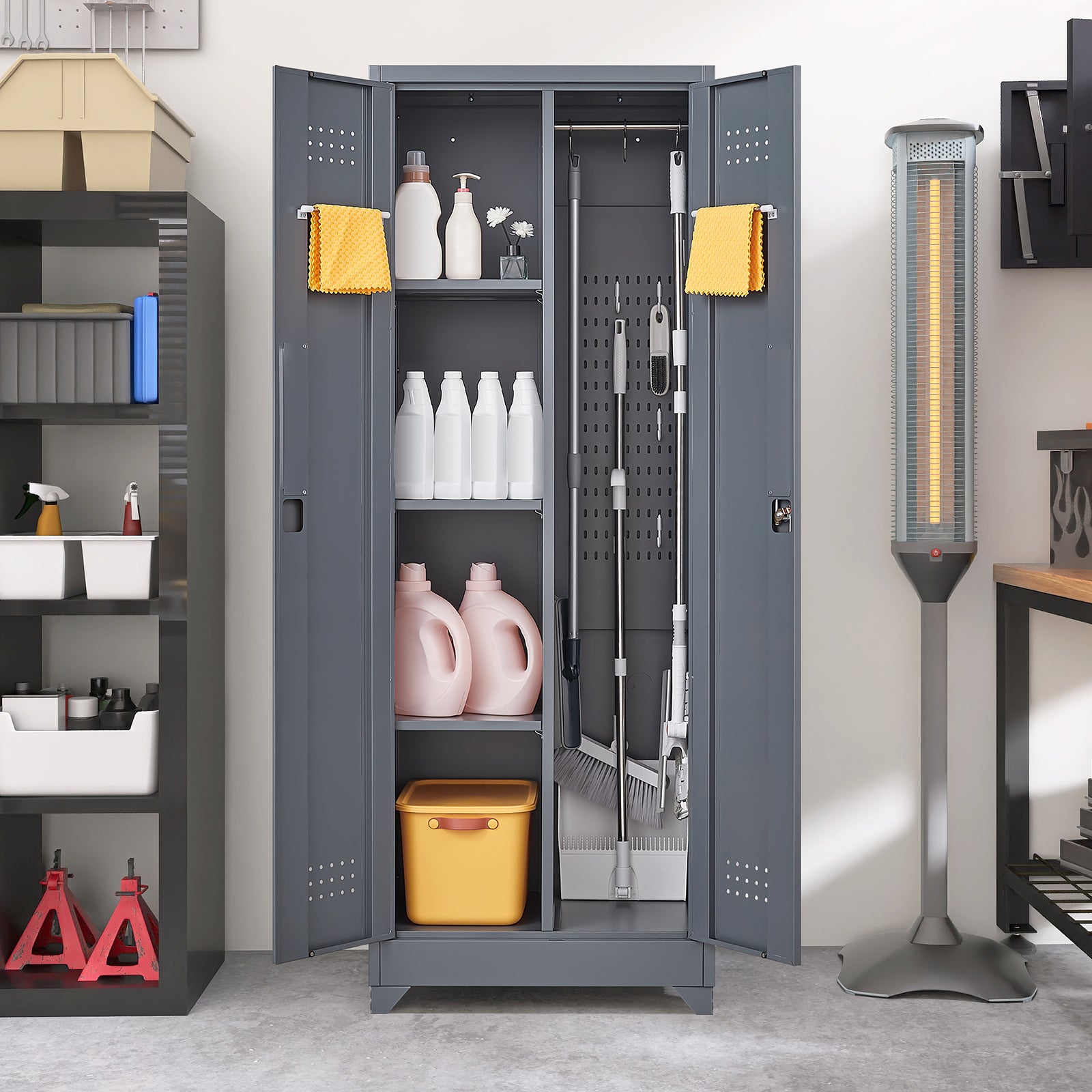 Broom Storage Cabinet With Locking Doors And Shelves, 65" H Metal Storage Cabinet With Hanging Rod & S-Hooks, Cleaning Tool Storage Cabinet Grey