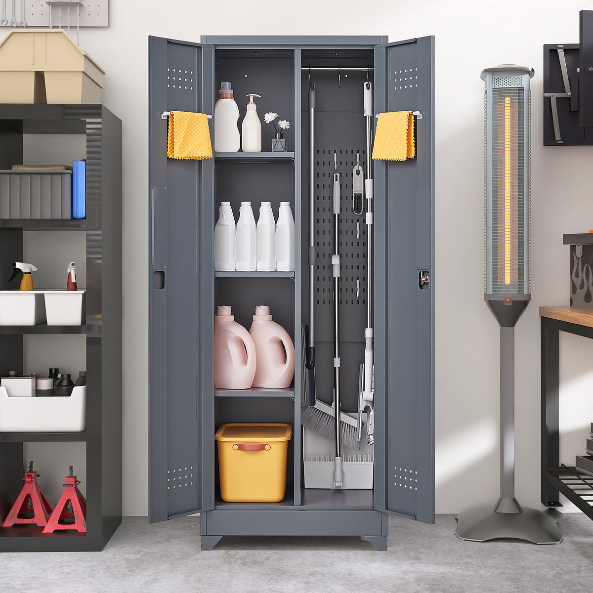 Broom Storage Cabinet With Locking Doors And Shelves, 65" H Metal Storage Cabinet With Hanging Rod & S-Hooks, Cleaning Tool Storage Cabinet Grey