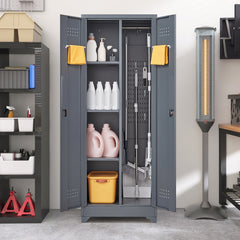 Broom Storage Cabinet With Locking Doors And Shelves, 65" H Metal Storage Cabinet With Hanging Rod & S-Hooks, Cleaning Tool Storage Cabinet Grey