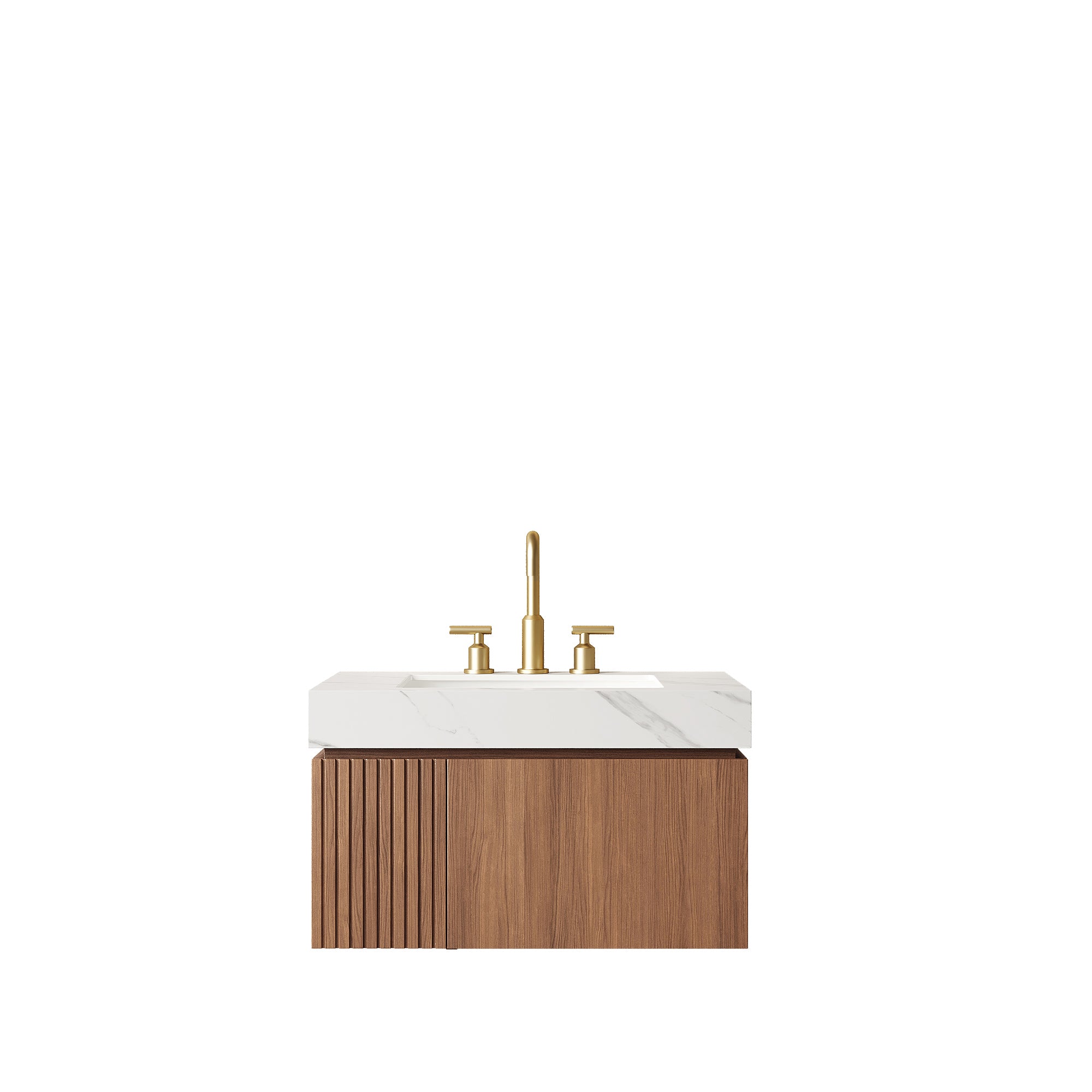 MURI 30" Bathroom Vanity&Sink, Floating Plywood Storage Cabinet with Drawer&Door, Carrara White Sintered Stone Top&Ceramic Basin with 3 Pre-drilled Faucet Holes, Pre-assembled, Brown Oak Woodgrain