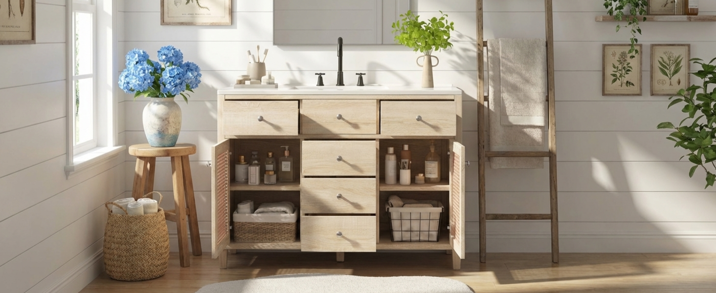 48-Inch Natural Rattan Bathroom Vanity: Solid Wood Frame, 5 Drawers, 2 Rattan Cabinet Doors & Premium Ceramic Sink