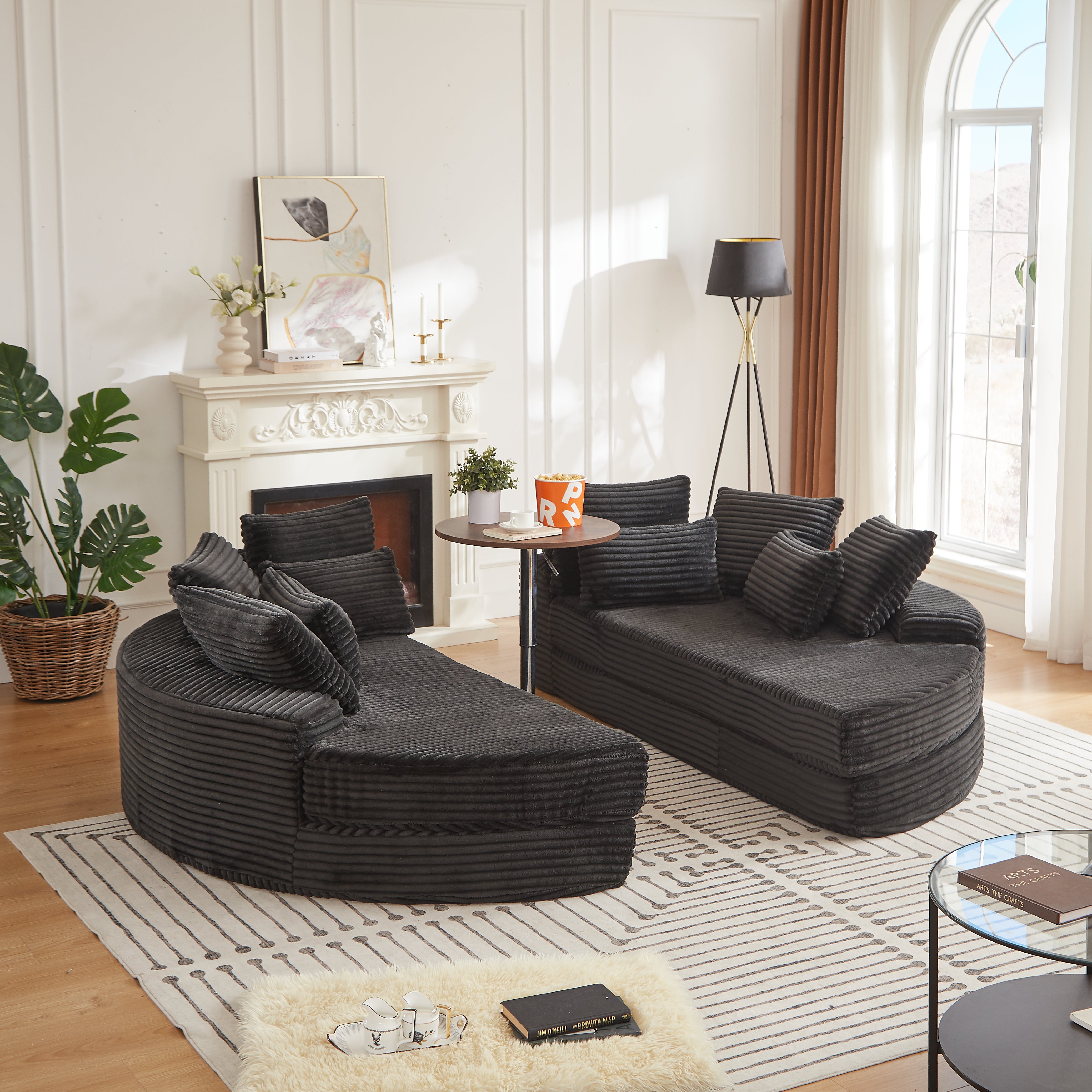 78.5-inch Corduroy Round Oversized Recliner, Converts into Two Recliners, 2-In-1 Sofa Bed, Neck Pillow Design With Five Throw Pillows