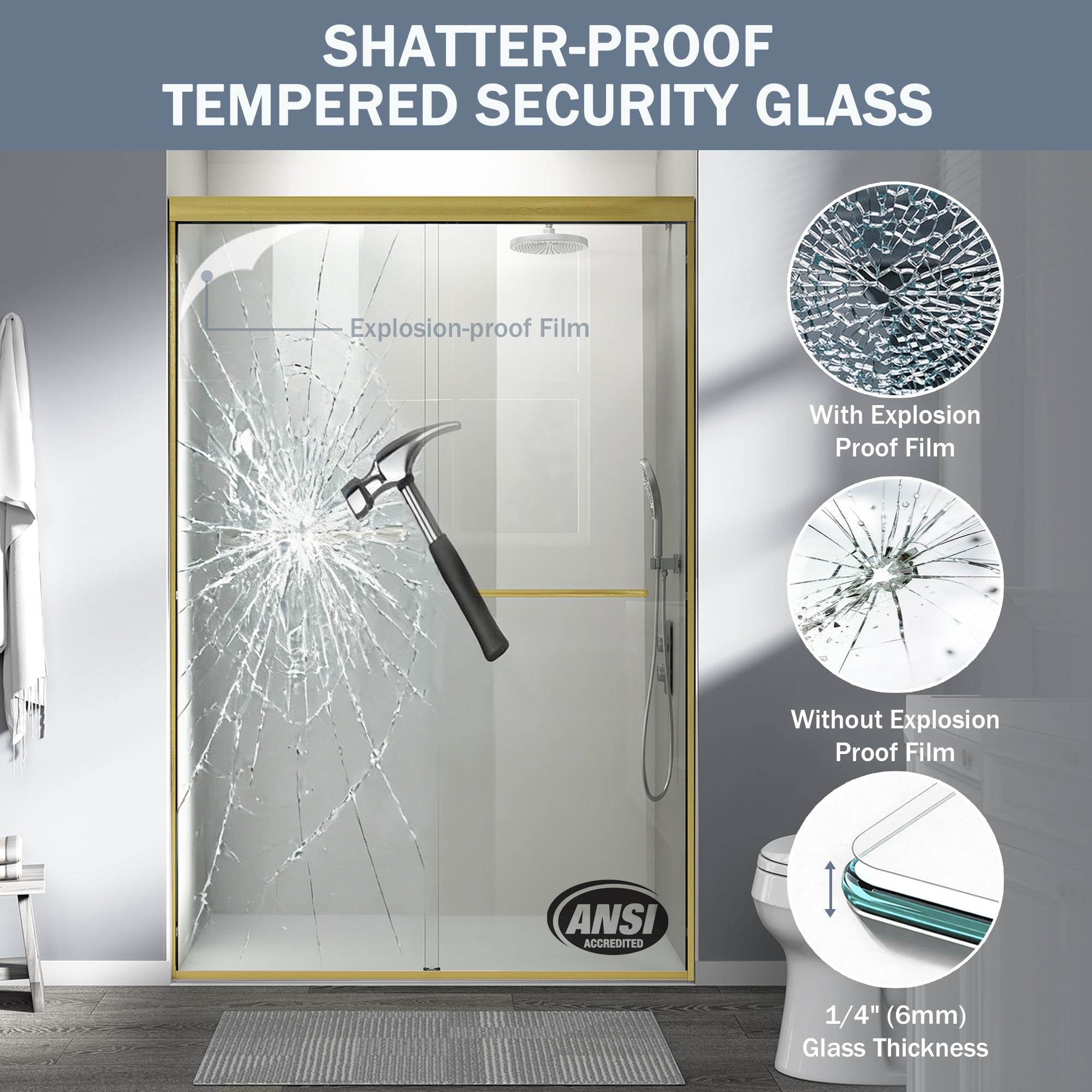 44" - 48" W x 72" H Double Sliding Shower Door, Semi-frameless Bathroom Sliding Door with 1/4" (6mm) Tempered Glass for Walk-in Shower, Brushed Gold GF-24D03-48BGX