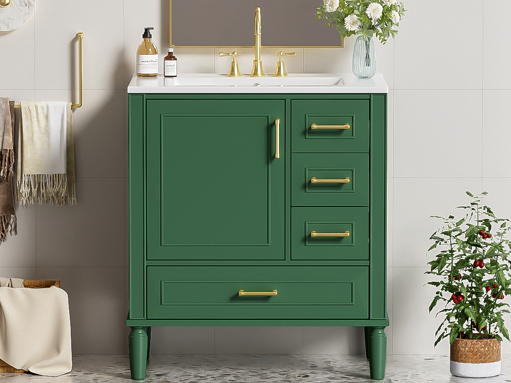 Traditional 30" Green Bathroom Vanity Set, Floor Standing, with Three Drawers, Soft Close Doors, with Long Gold Metal Handles - Perfect for Small Bathrooms