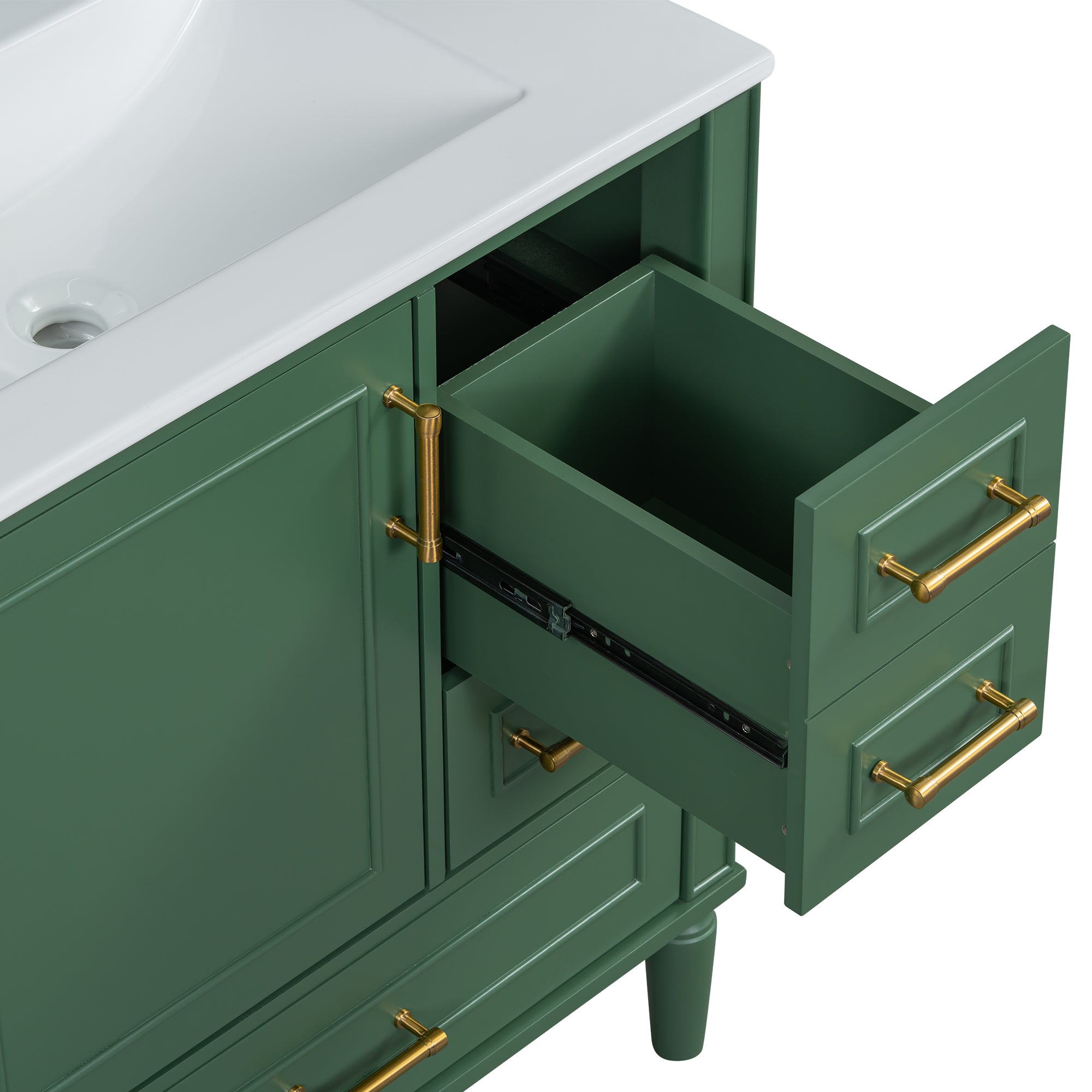 Traditional 30" Green Bathroom Vanity Set, Floor Standing, with Three Drawers, Soft Close Doors, with Long Gold Metal Handles - Perfect for Small Bathrooms