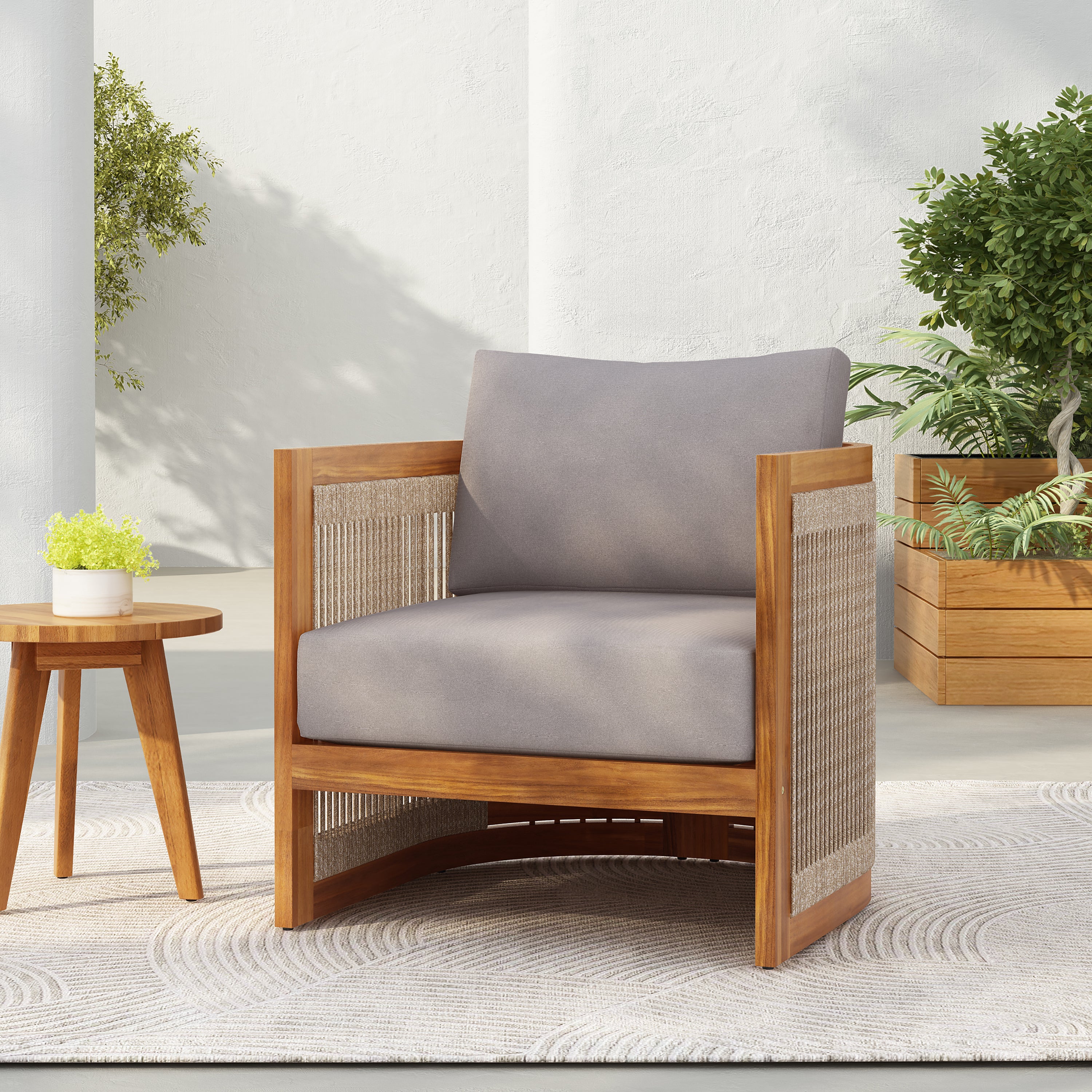 Premium Acacia Wood Outdoor Club Chair, Curved Tub Design with Woven Rope Accents, Water-Resistant Cushions, All-Weather Slat Construction