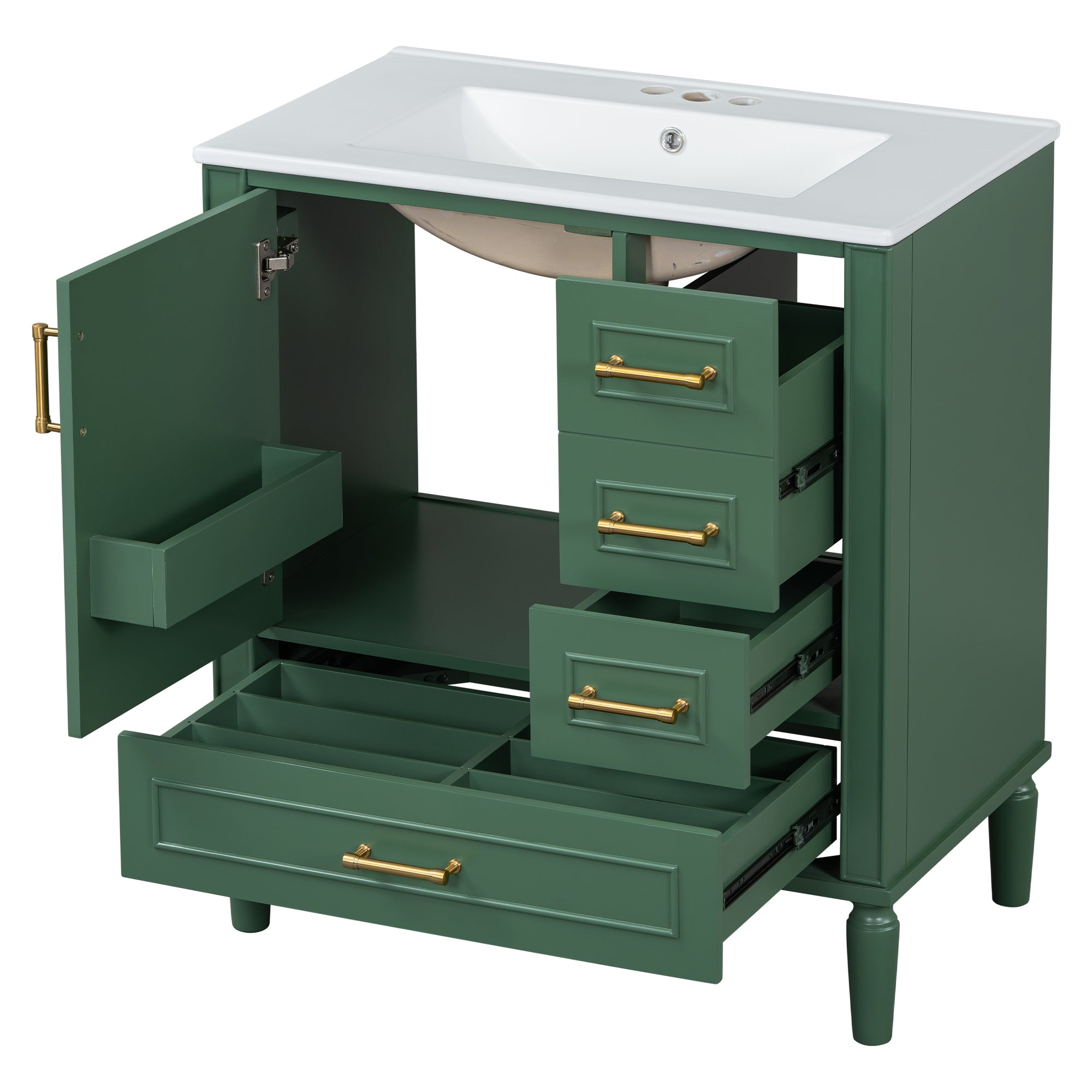 Traditional 30" Green Bathroom Vanity Set, Floor Standing, with Three Drawers, Soft Close Doors, with Long Gold Metal Handles - Perfect for Small Bathrooms