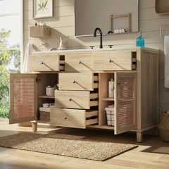 48-Inch Natural Rattan Bathroom Vanity: Solid Wood Frame, 5 Drawers, 2 Rattan Cabinet Doors & Premium Ceramic Sink