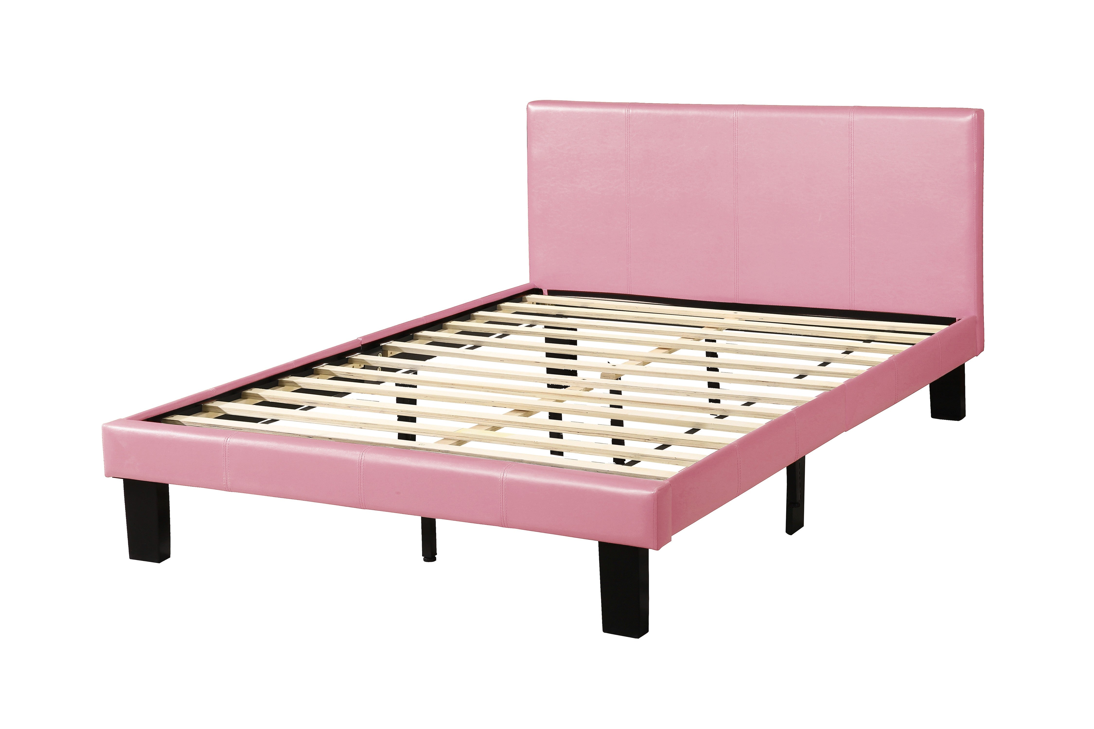 Simple Modern Pink Faux Leather Upholstered Full Size Bed Bedroom Wooden Slats 1pc Platform Bedframe