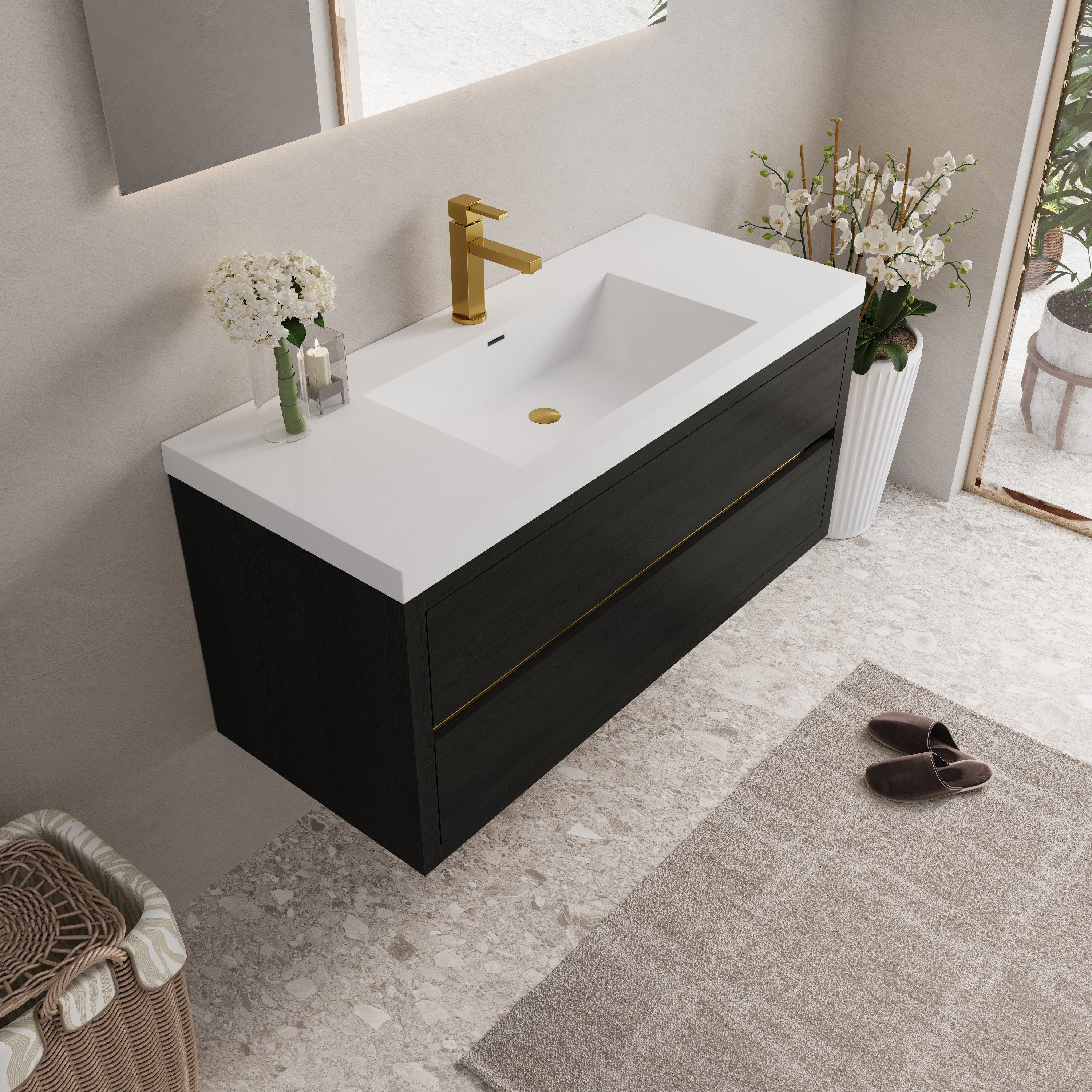 48" Wall-Mounted Bathroom Vanity with Sink, Floating Bathroom Storage Cabinet with Stone Resin Countertop and Soft Close Drawers Fully Assembled, Espresso Wood 24V15-48EW-W1920P414548