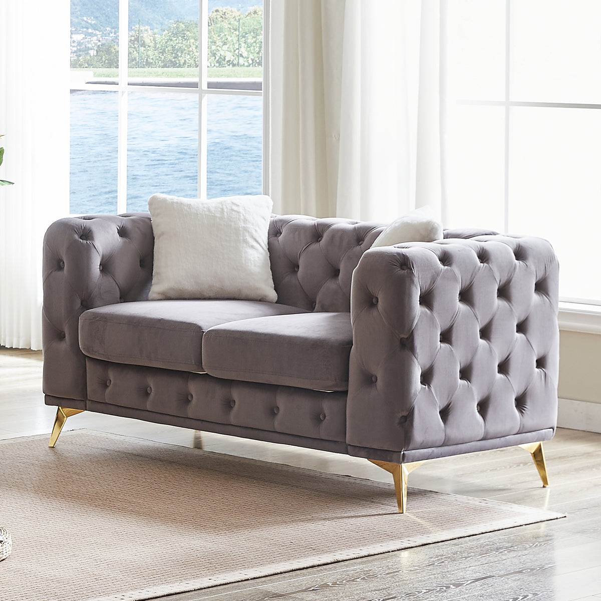 FX 61.25-inch Deluxe Velvet Sofa with Chesterfield Tufted Buttons with 2 Pillows and Metal Feet