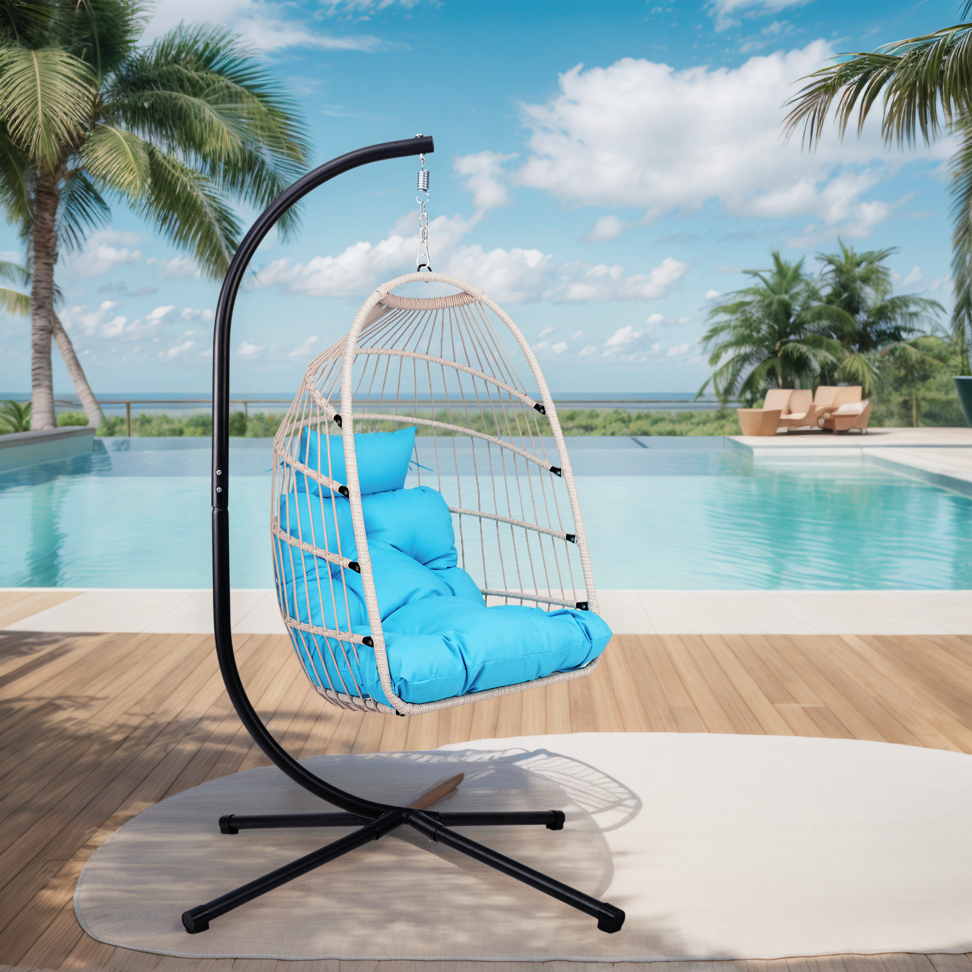 Foldable Hanging Egg Chair with Stand and Pillow, HDPE Rattan and Heavy Duty Aluminum-Steel Frame, Outdoor Patio Wicker Swing Egg Chair with Headrest and Cushioned, 350 Lbs Capacity (Blue)