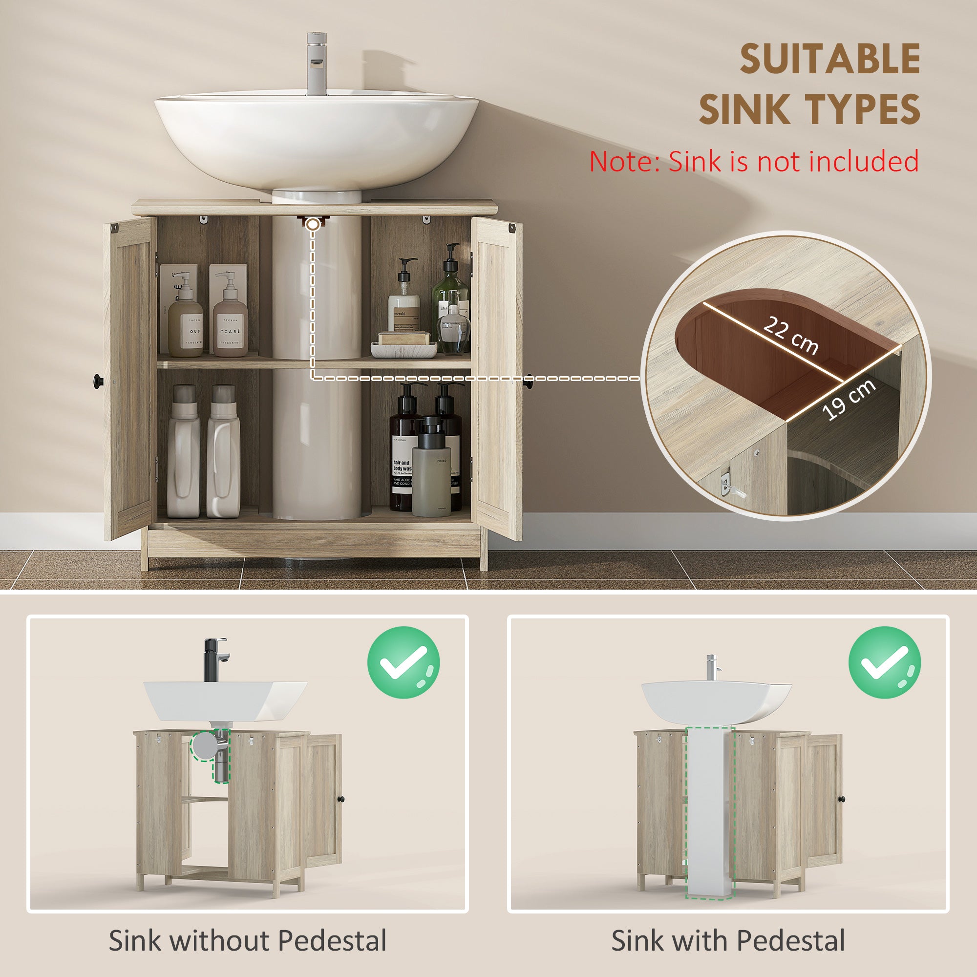 HOMCOM Bathroom Vanity Cabinet, Under Sink Bathroom Cabinet with 2 Doors and Adjustable Shelf, Weathered Gray Oak