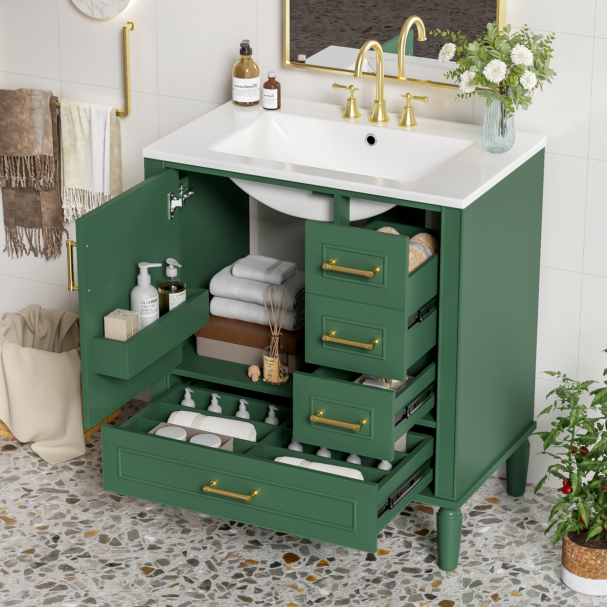 Traditional 30" Green Bathroom Vanity Set, Floor Standing, with Three Drawers, Soft Close Doors, with Long Gold Metal Handles - Perfect for Small Bathrooms