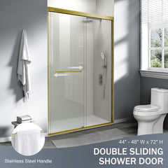 44" - 48" W x 72" H Double Sliding Shower Door, Semi-frameless Bathroom Sliding Door with 1/4" (6mm) Tempered Glass for Walk-in Shower, Brushed Gold GF-24D03-48BGX