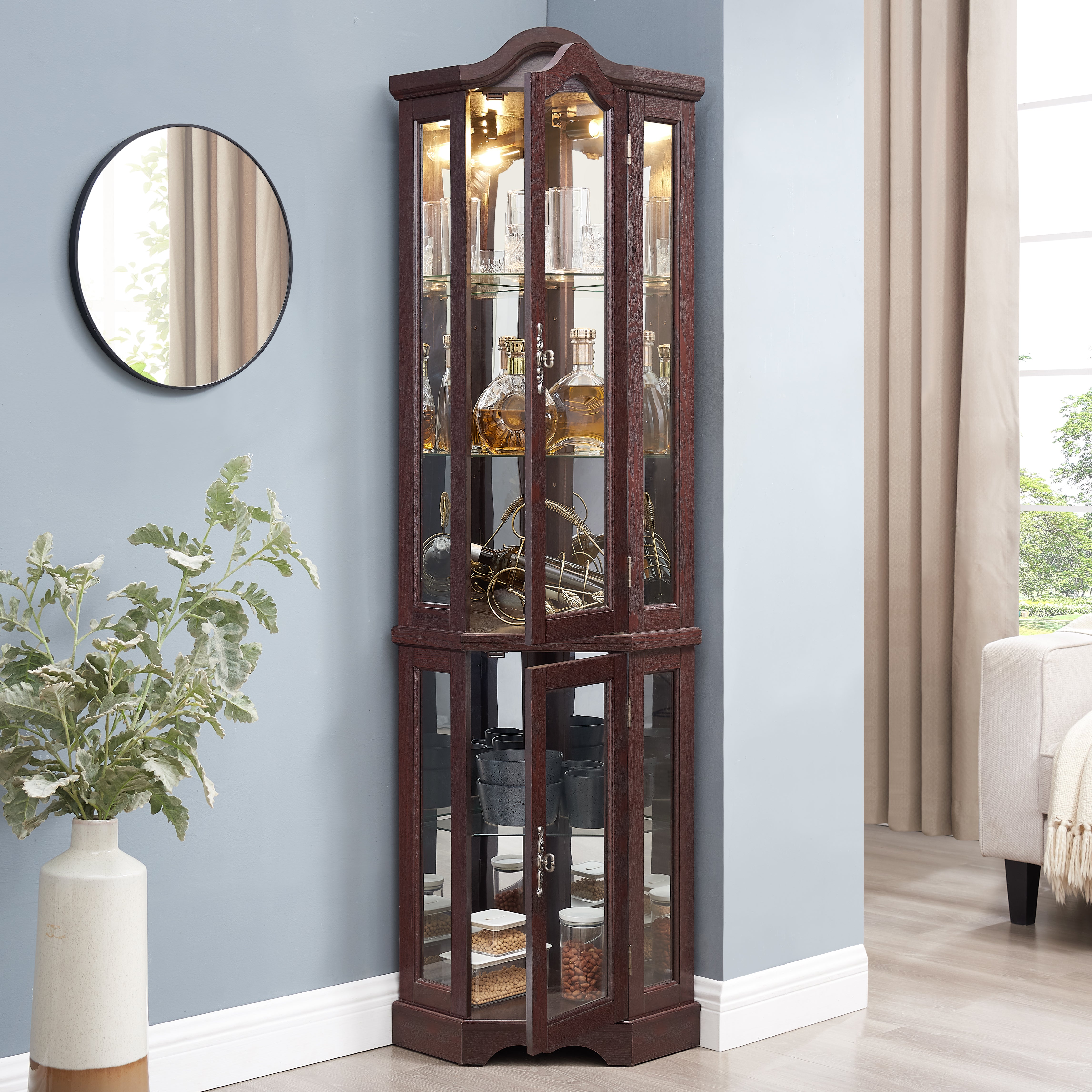 Lighted Corner Curio Cabinet with Tempered Glass Doors & Shelves - Elegant Oak Display Storage for Living Room & Bedroom Decor-DARK CHERRY