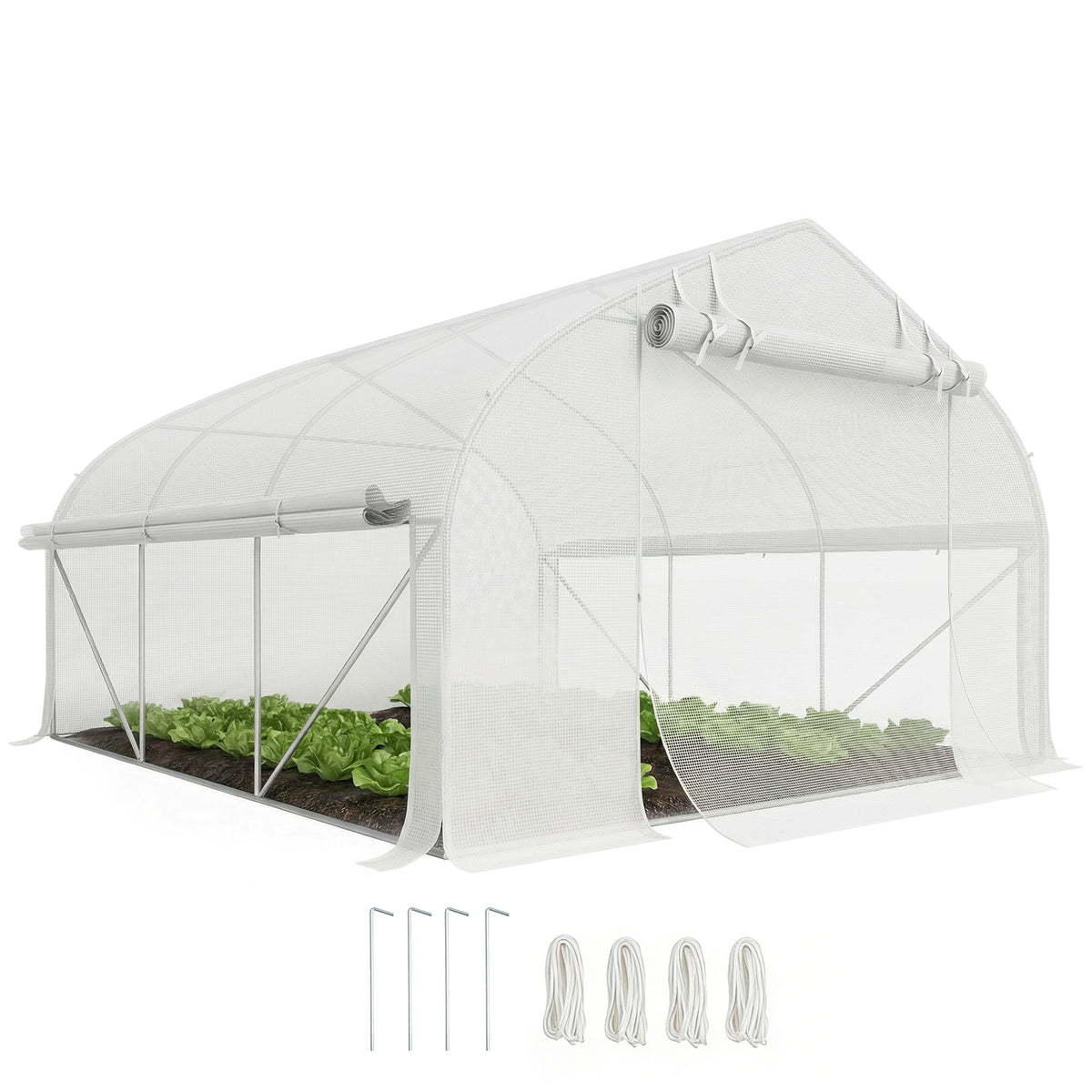 Outsunny 11.5' x 10' x 6.5' Walk-in Tunnel Greenhouse, Green House with Zippered Mesh Door, 7 Mesh Windows & Roll-up Sidewalls, Upgraded Gardening Plant Hot House with Galvanized Steel Hoops, White