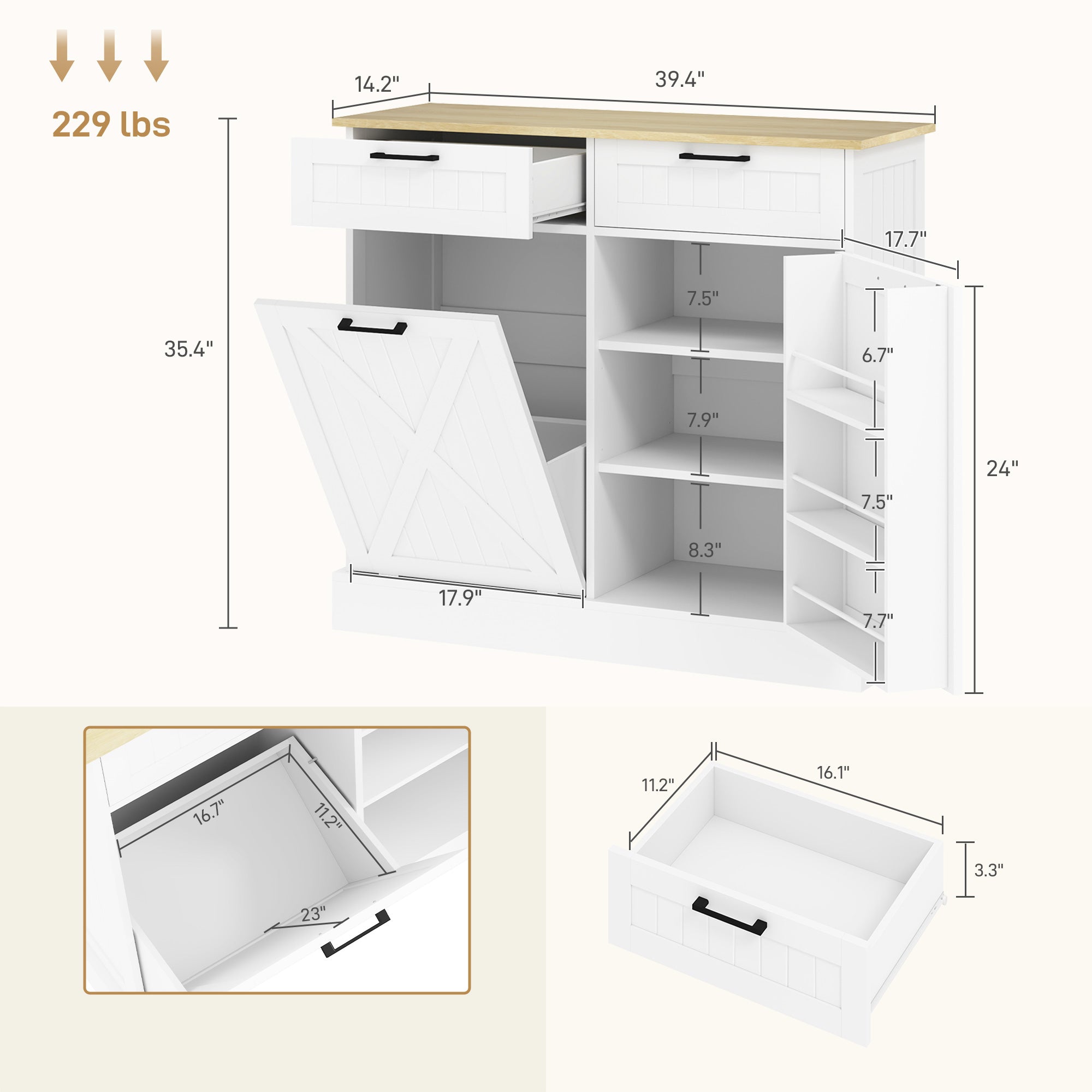 HOMCOM 10 Gallon Farmhouse Kitchen Cabinet with Hidden Trash Can and 2 Drawers, Tilt Out Trash Can Cabinet for Kitchen, White