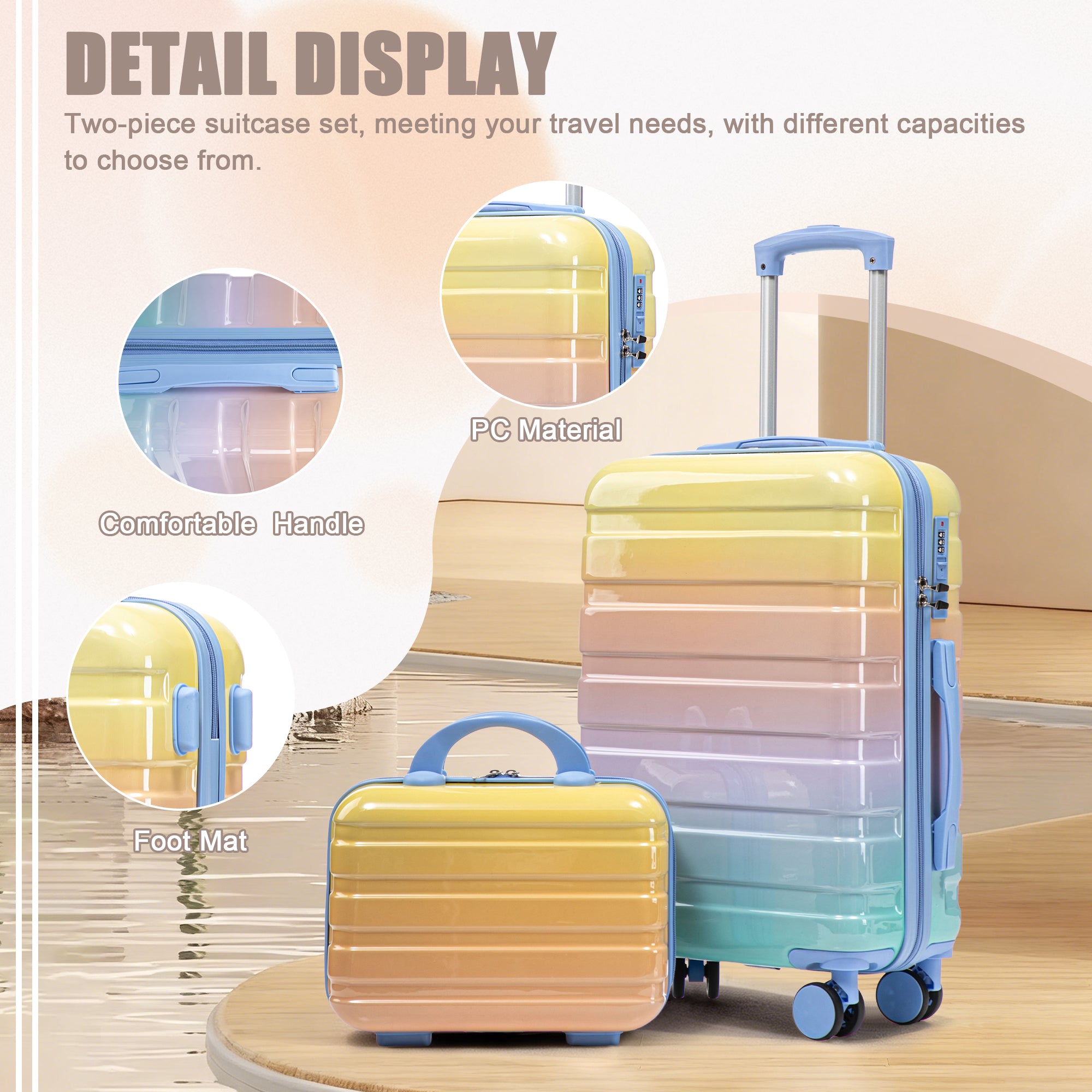 20" Carry-On Suitcase + 14" Cosmetic Case Set (PC Hard Shell, Gradient Blue/Yellow)