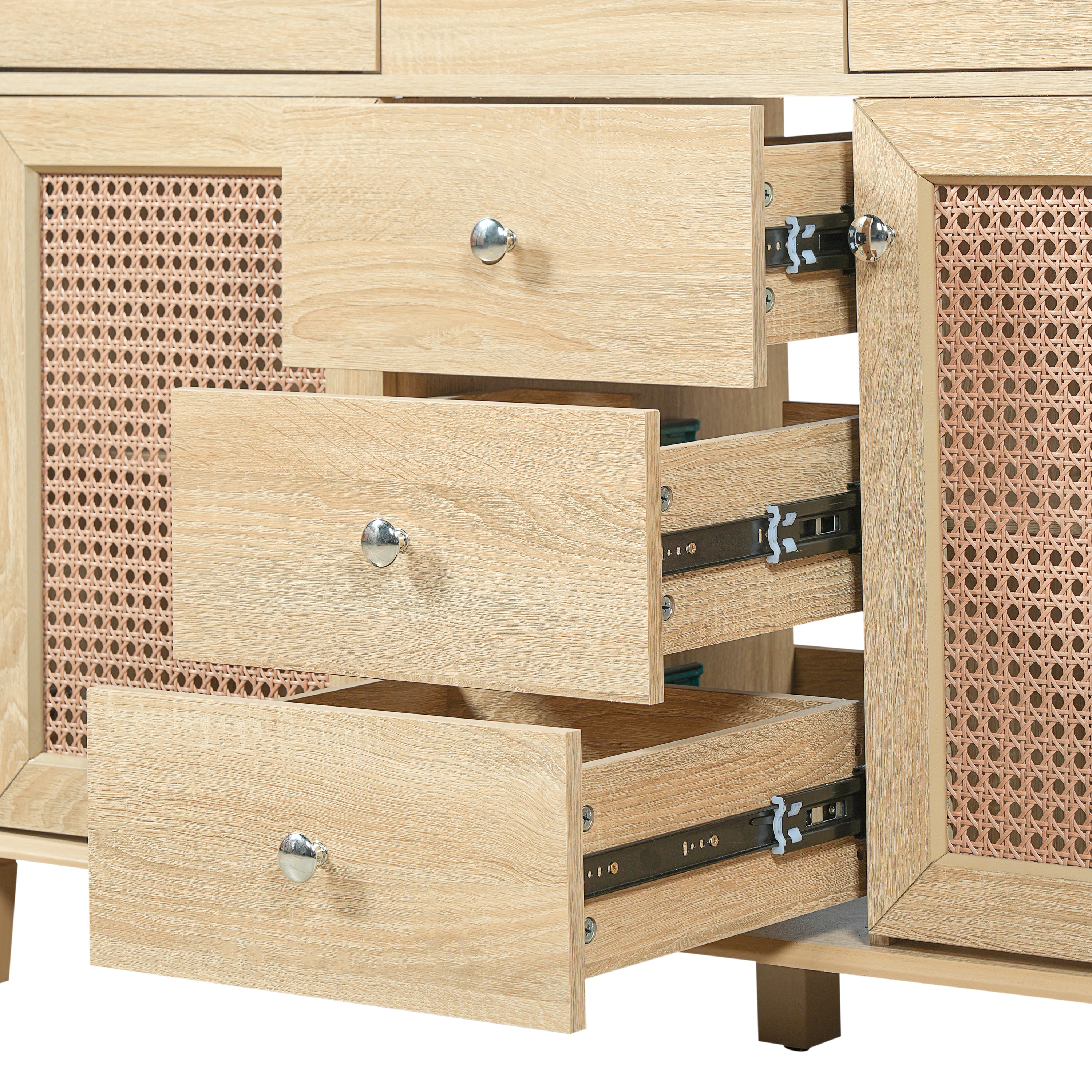 48-Inch Natural Rattan Bathroom Vanity: Solid Wood Frame, 5 Drawers, 2 Rattan Cabinet Doors & Premium Ceramic Sink