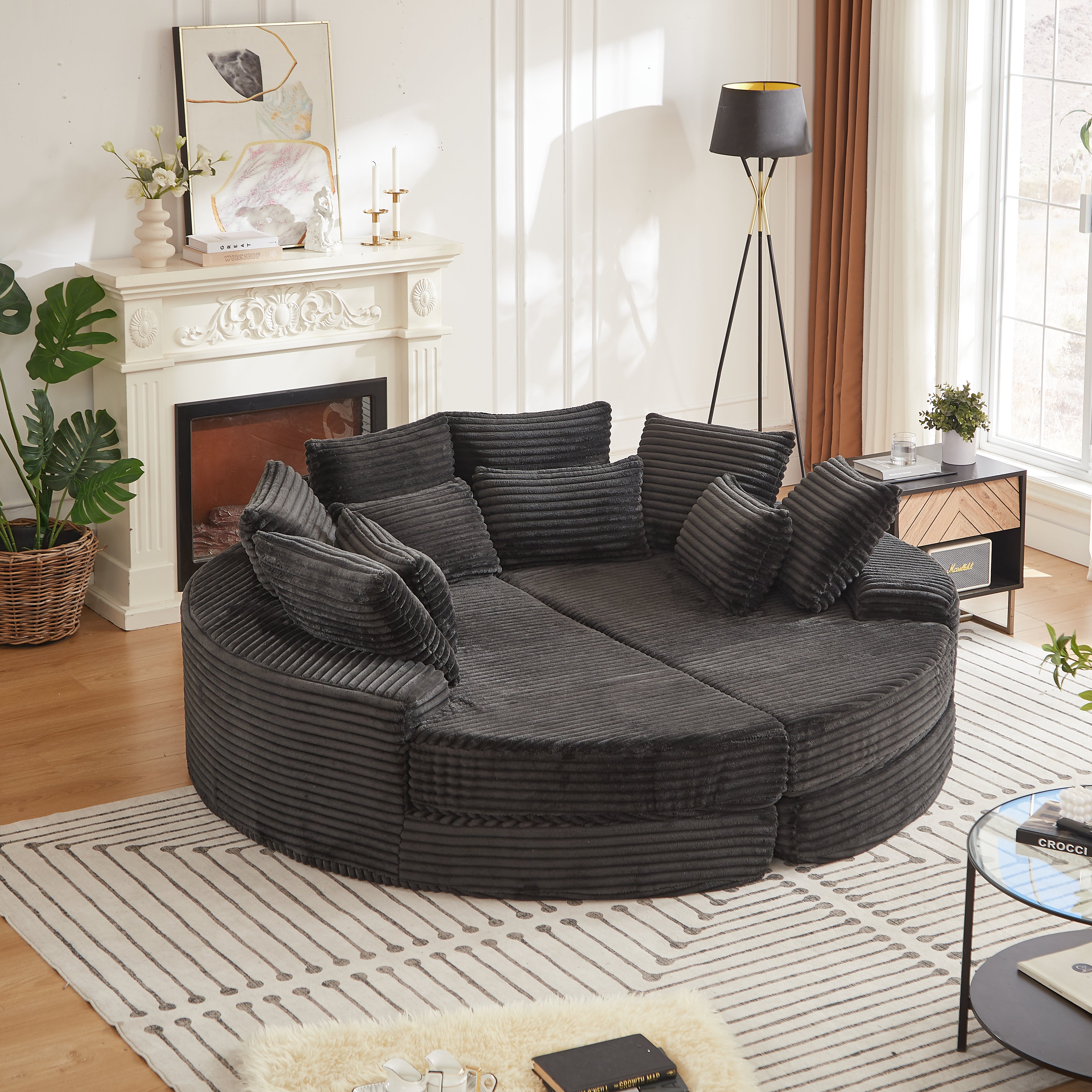 78.5-inch Corduroy Round Oversized Recliner, Converts into Two Recliners, 2-In-1 Sofa Bed, Neck Pillow Design With Five Throw Pillows
