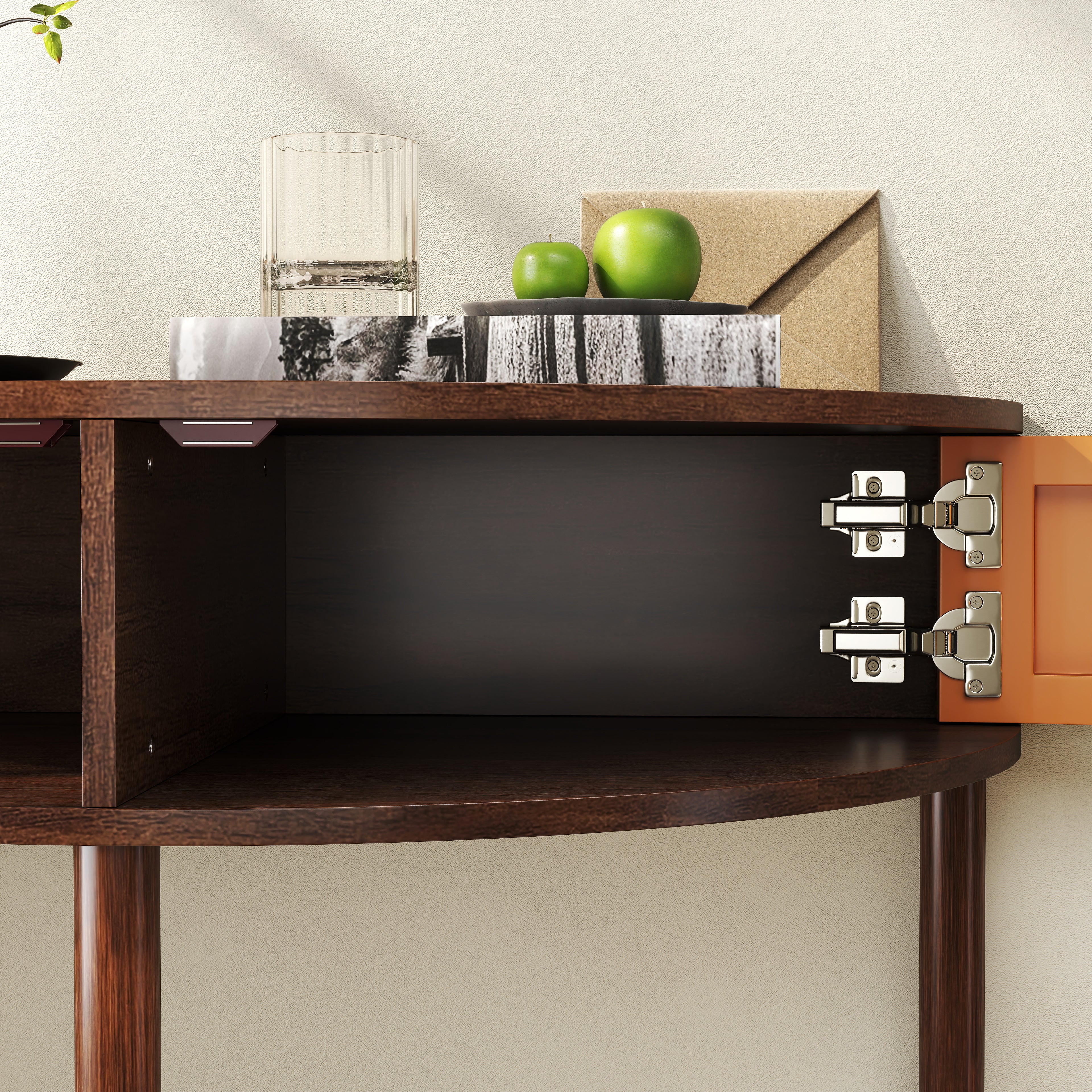 Artisan-Crafted Wave-Pattern Demi-Lune Console Table with Brown Woodgrain,Unique Half Moon Design End Table with 2 Storage Drawers and Bottom Shelf for Living room, Bedroom, Study, Hallway